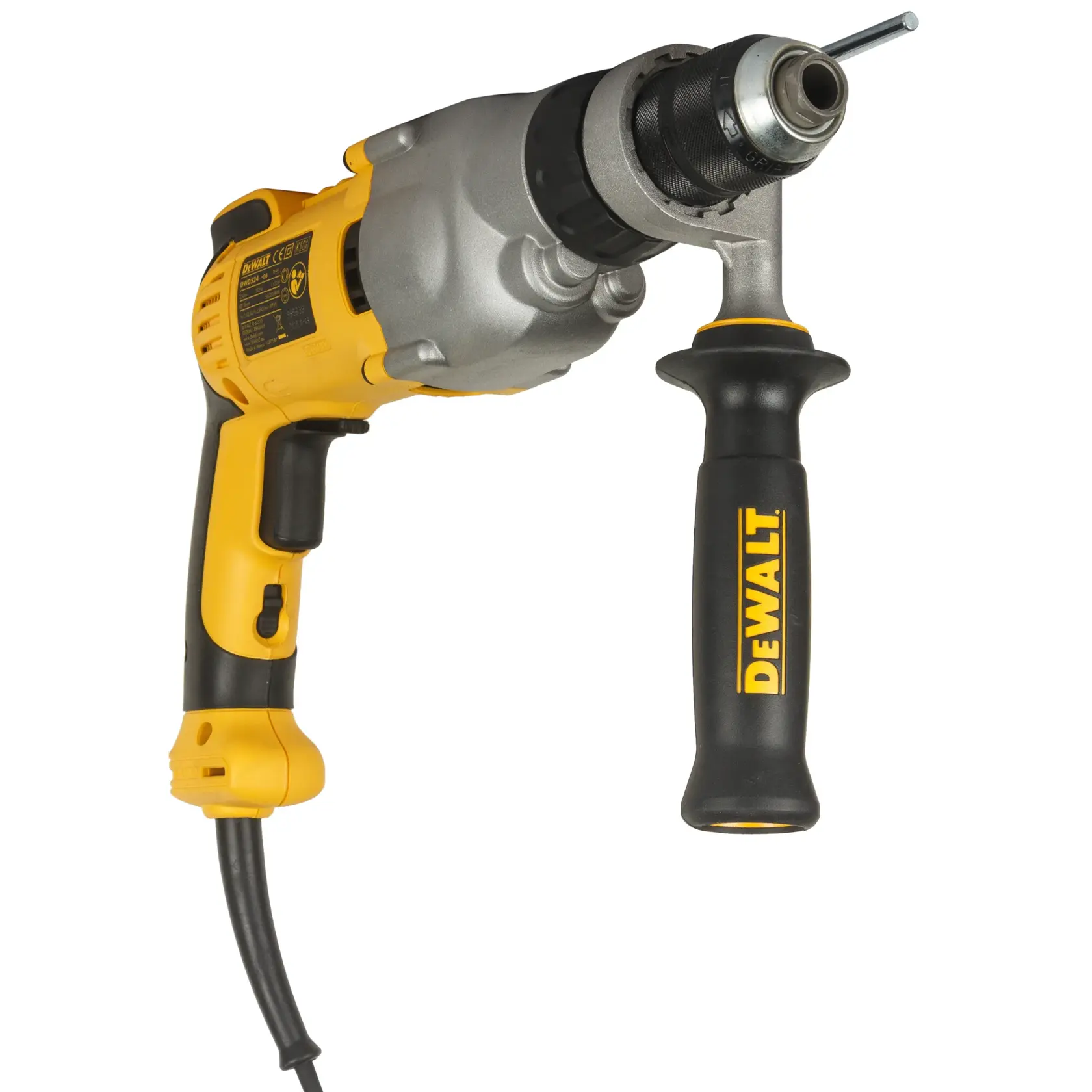 Gelbe und schwarze DEWALT Elektrobohrmaschine mit Seitenhandgriff auf weißem Hintergrund.