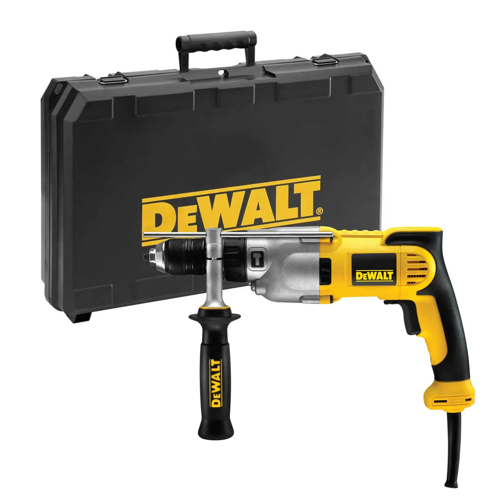 Eine gelb-schwarze elektrische DEWALT-Bohrmaschine mit Seitenhandgriff, neben einem schwarzen Hartschalenkoffer mit DEWALT-Logo.
