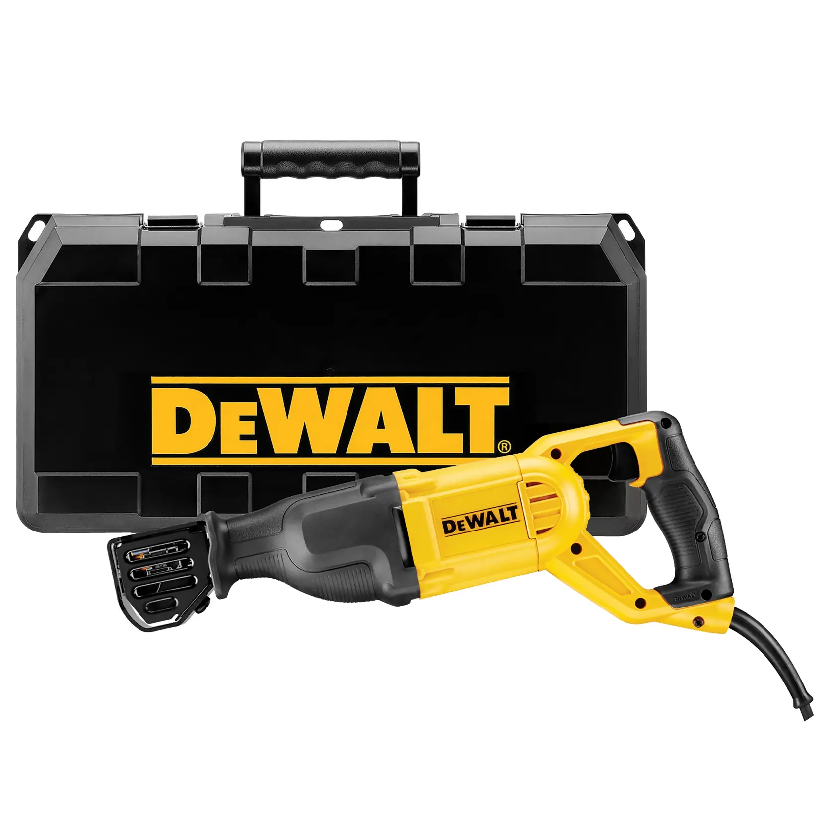 DEWALT Säbelsäge mit schwarzem und gelbem Hartkasten vor weißem Hintergrund.