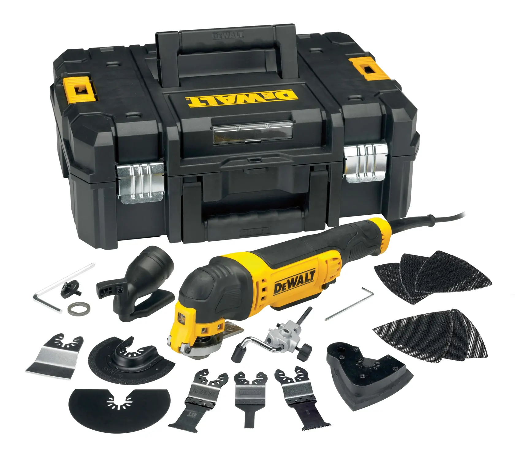 DEWALT DWE315KT oszillierendes Multifunktionswerkzeug-Set mit schwarz-gelbem Werkzeug, verschiedenen Klingen und Aufsätzen, Schleifpads und stabilem schwarzen Koffer.