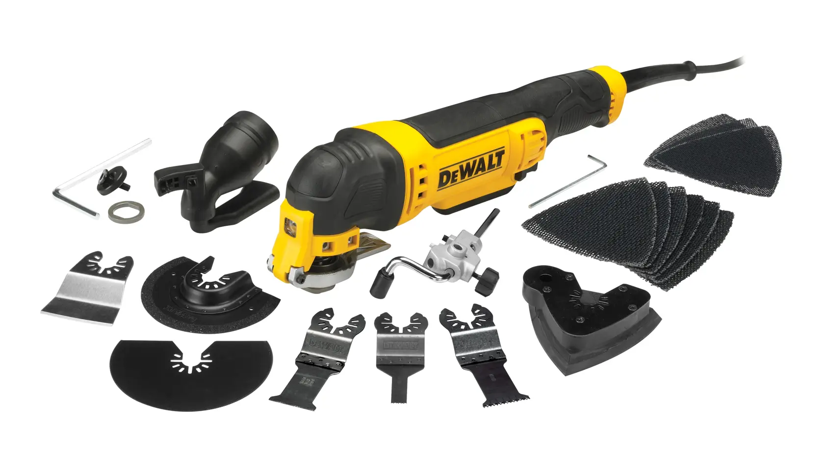 DEWALT DWE315 Multitool-Set mit Klingen, Schleifpads und Zubehör auf weißem Hintergrund.