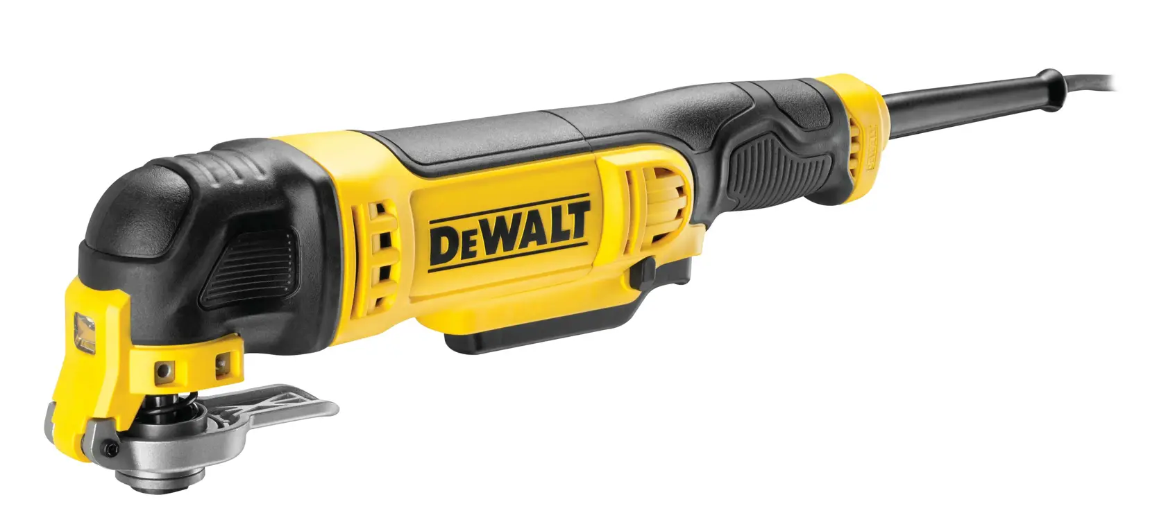 Ein gelb-schwarzes oszillierendes Multifunktionswerkzeug der Marke DEWALT mit Kabel, vor weißem Hintergrund.