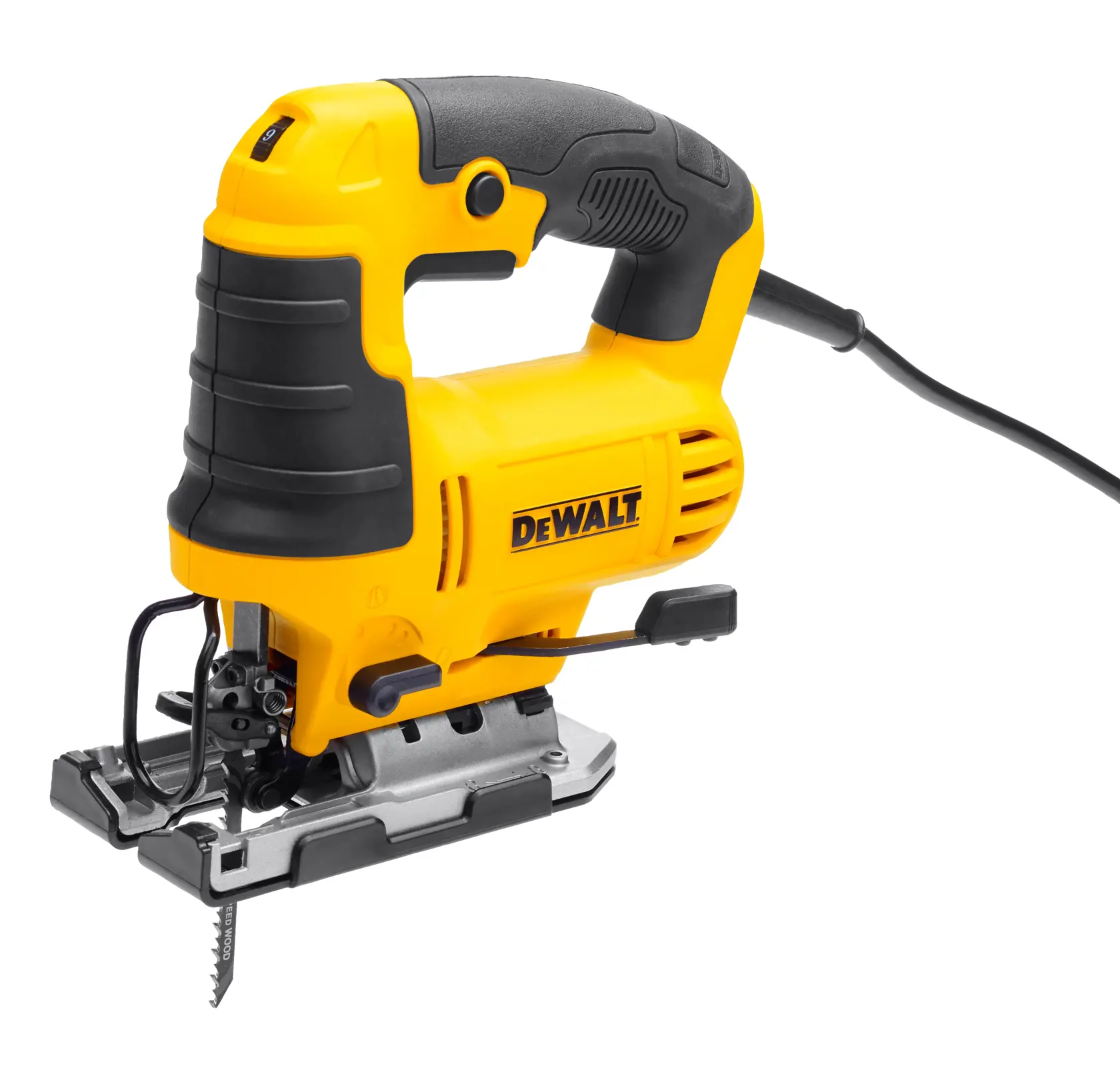 Eine gelbe und schwarze elektrische Stichsäge von DEWALT mit Kabel, ergonomischem Griff und sichtbarem Sägeblatt unter der Schneidplatte.