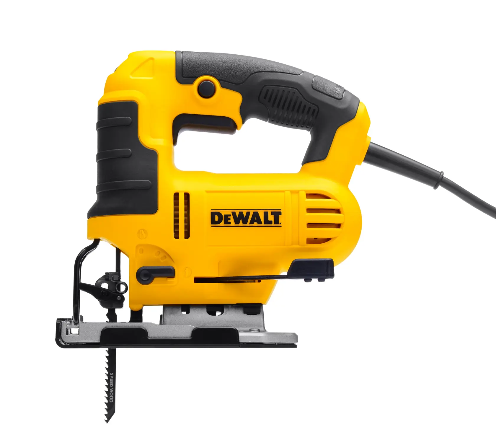 Eine gelb-schwarze DEWALT Elektrostichsäge mit Kabel, seitlich dargestellt vor weißem Hintergrund.