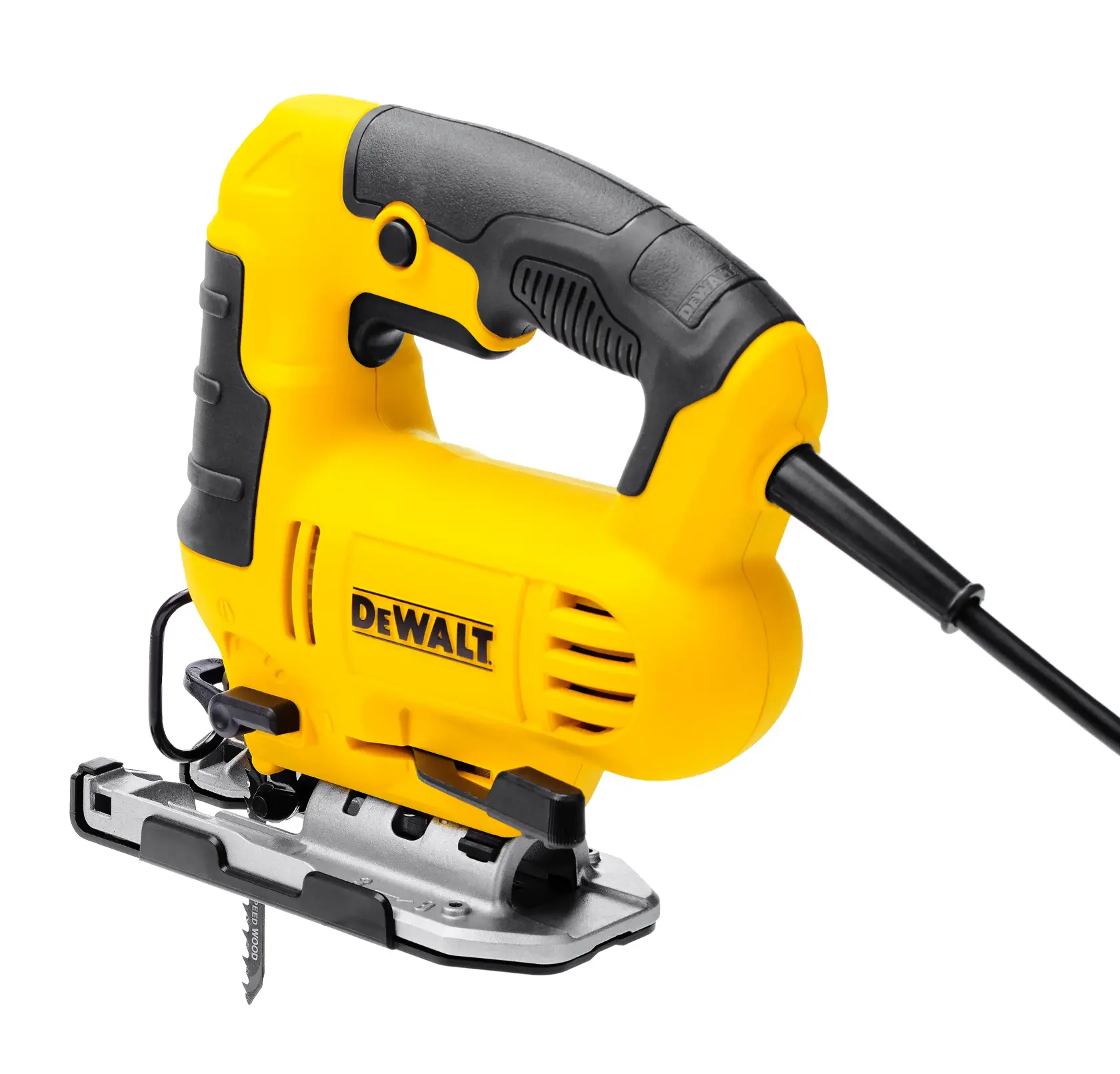 Gelbe und schwarze elektrische Stichsäge mit Kabel, mit DEWALT-Logo an der Seite, entwickelt zum Schneiden von Materialien in der Holzverarbeitung und im Bauwesen.