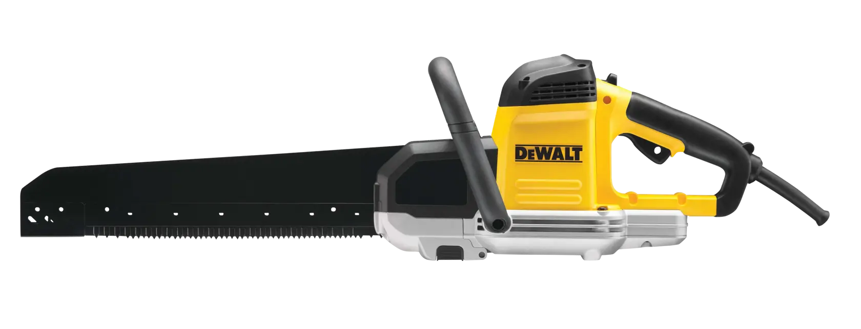 Elektrische Alligatorsäge von DEWALT mit langem, schwarzem Sägeblatt und gelb-schwarzem Gehäuse, ausgestattet mit einem vorderen Griff für eine sichere Zweihandbedienung.