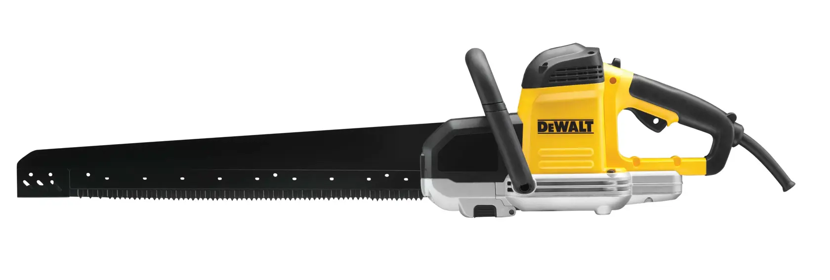 DEWALT DWE398 elektrische Handsäge mit langem Blatt, gelb-schwarz, sichtbares Netzkabel.