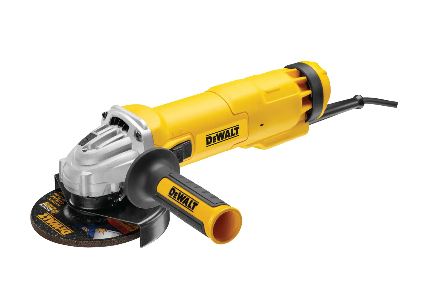 Gelber DEWALT Winkelschleifer mit Seitengriff und Netzkabel auf weißem Hintergrund.
