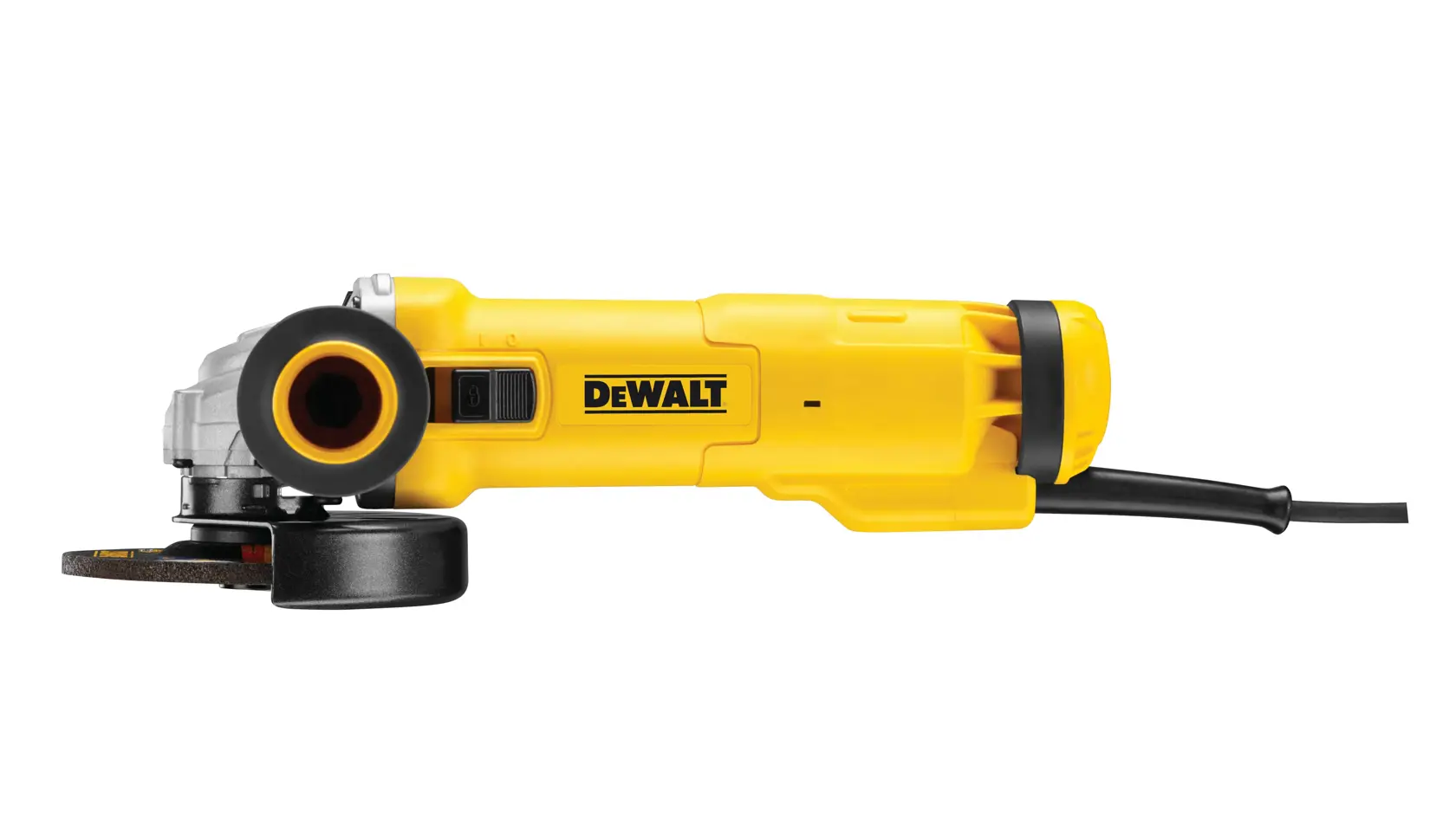 Gelber DEWALT DWE4207 Winkelschleifer mit Kabel, Seitenansicht, vor weißem Hintergrund.