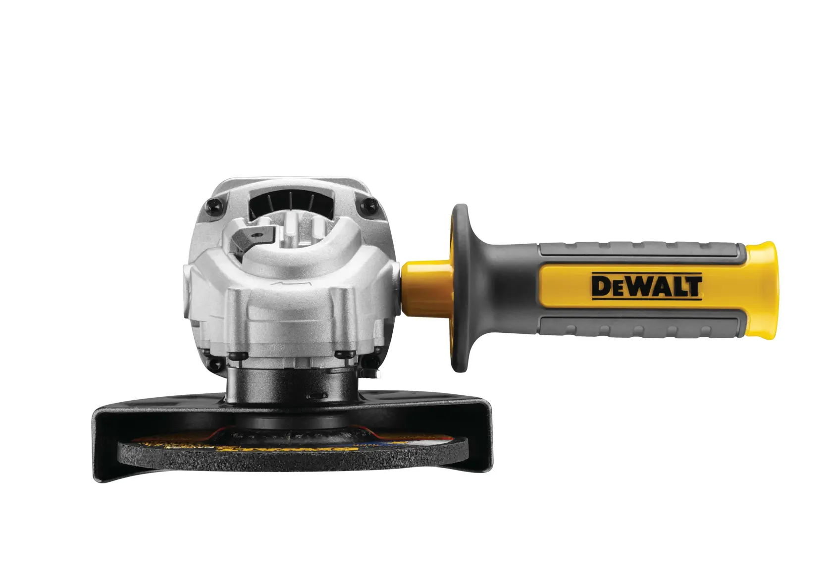 Frontansicht eines DEWALT Winkelschleifers mit gelbem Griff und Schutzabdeckung.