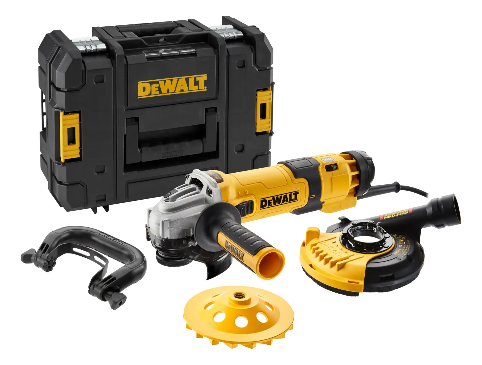 DEWALT Winkelschleifer Set mit Koffer und Zubehör, abgebildet auf weißem Hintergrund.