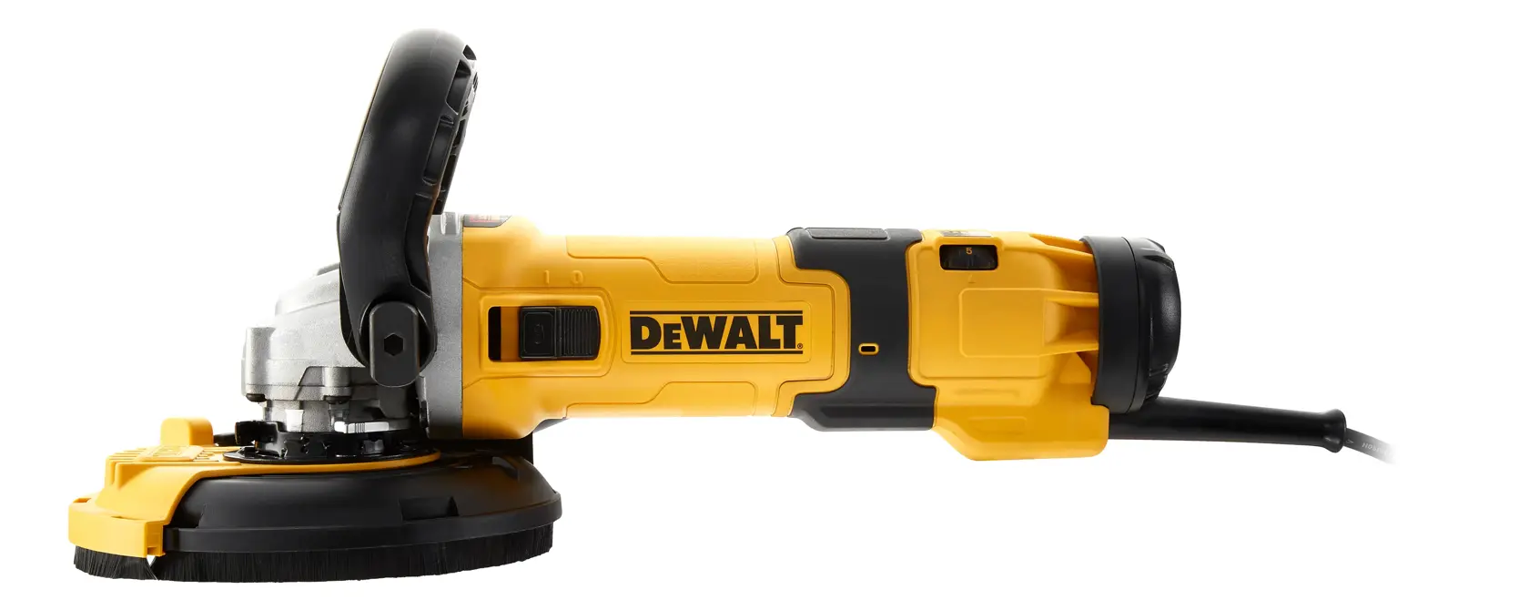 DEWALT gelber Winkelschleifer mit Seitenhandgriff, seitlich auf weißem Hintergrund gezeigt.