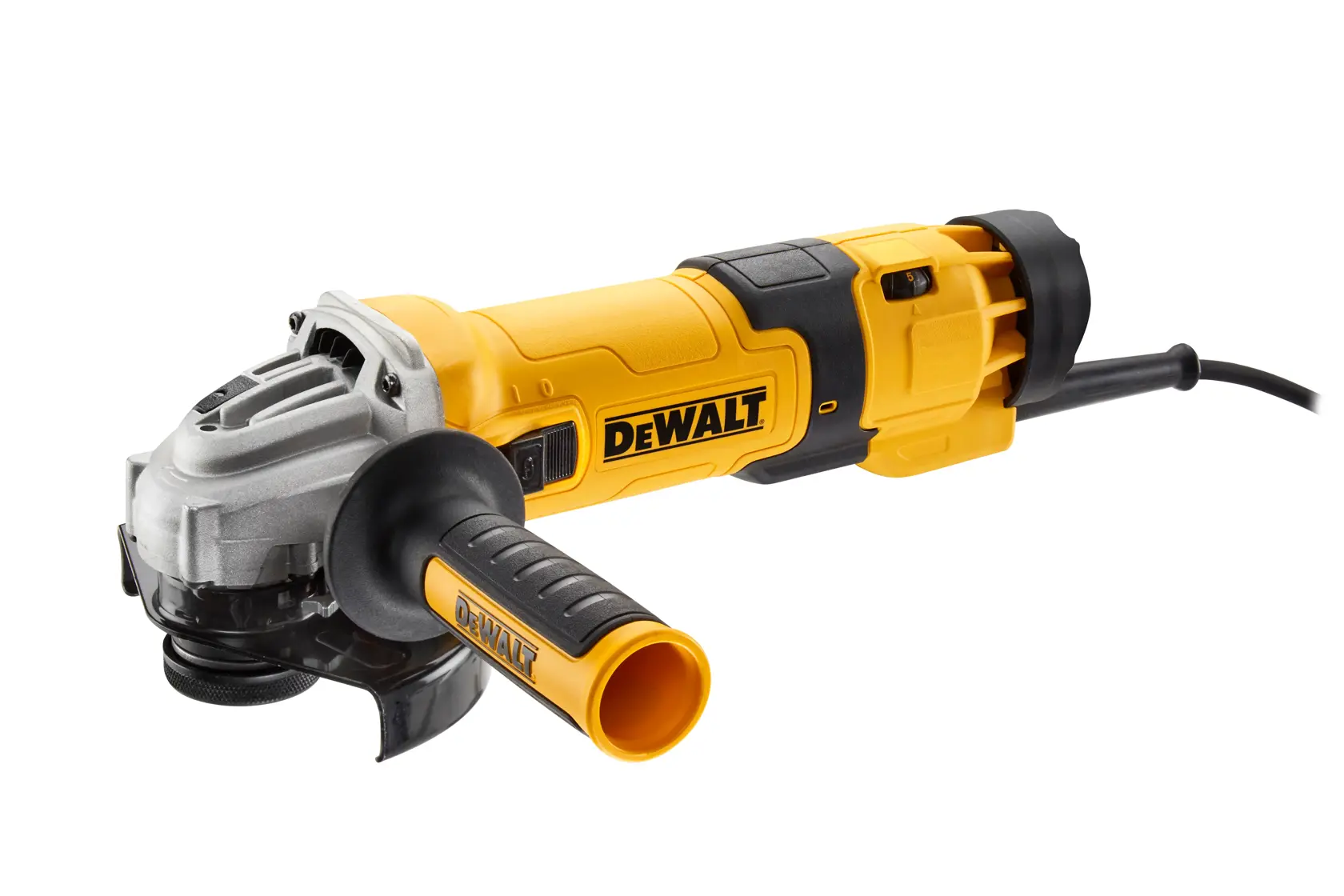 Gelber DEWALT Winkelschleifer mit Kabel, schwarzem Griff und Seitenschutz auf weißem Hintergrund.
