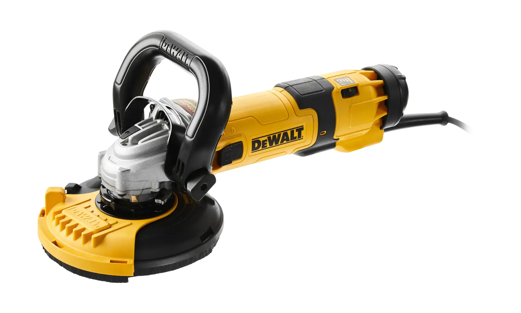 DEWALT DWE4257 gelber Winkelschleifer mit Seitenhandgriff und Kabel vor weißem Hintergrund.