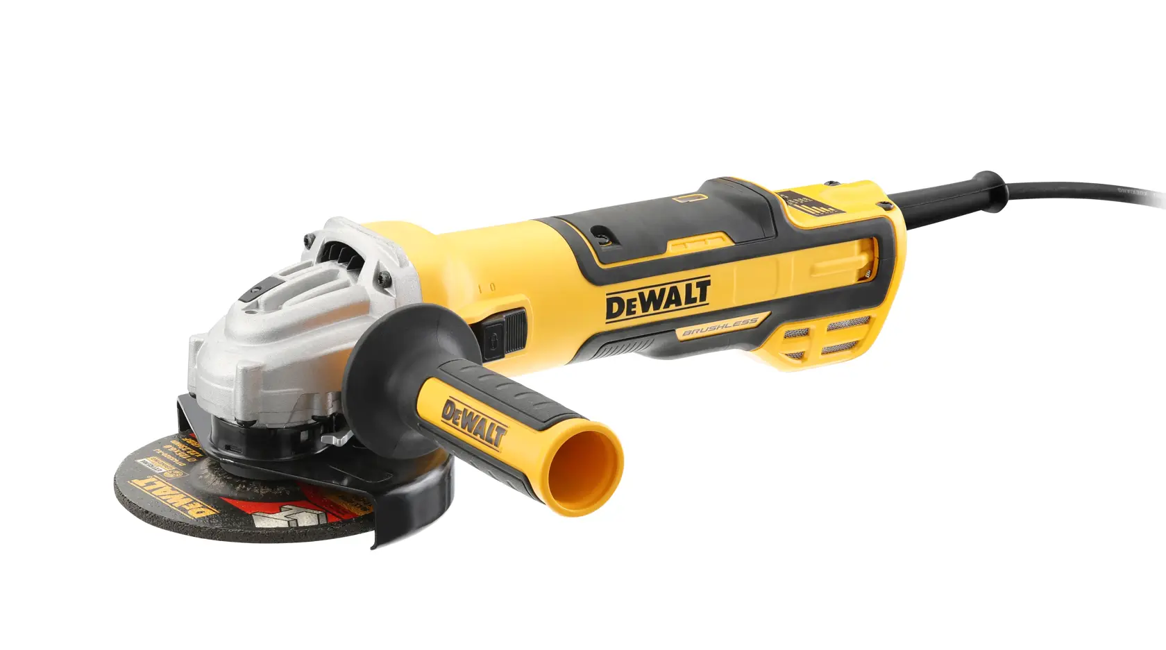 Ein DEWALT Winkelschleifer, Modell DWE4357, abgebildet vor weißem Hintergrund. Das Werkzeug ist gelb und schwarz mit einem Seitenhandgriff und einer sichtbaren Schleifscheibe. Es ist kabelgebunden und für professionelle Bau- oder Metallarbeiten ausgelegt.