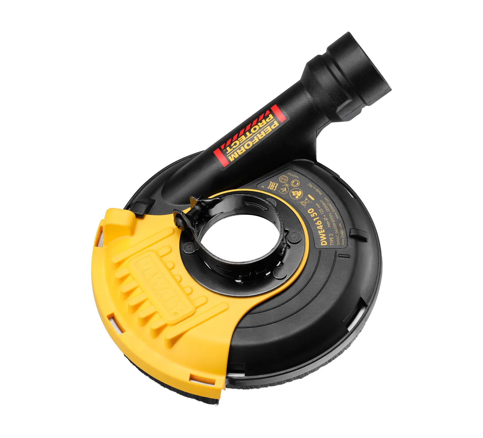 Ein DEWALT DWE46150 Staubschutzaufsatz für einen Winkelschleifer, aus schwarzem und gelbem Kunststoff mit Beschriftung und einer kreisförmigen Öffnung zur Befestigung am Werkzeug.