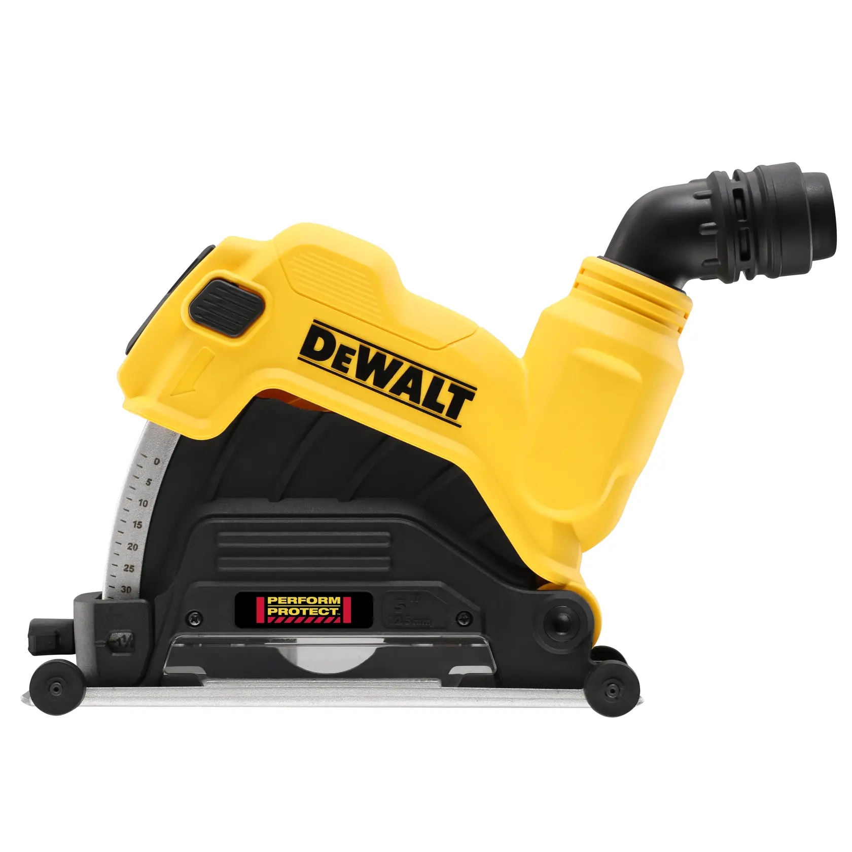 DEWALT DWE46225 Staubabsaugungsaufsatz für Fotografie, seitlich abgebildet mit gelb-schwarzem Gehäuse, inklusive Schlauchanschluss und dem Label Perform Protect.