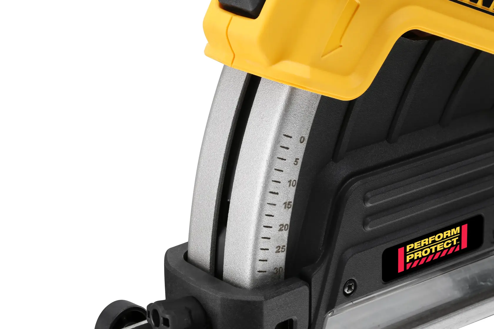 Nahaufnahme eines DEWALT Werkzeugs mit Neigeskala und Perform Protect Etikett auf schwarz-gelbem Gehäuse.