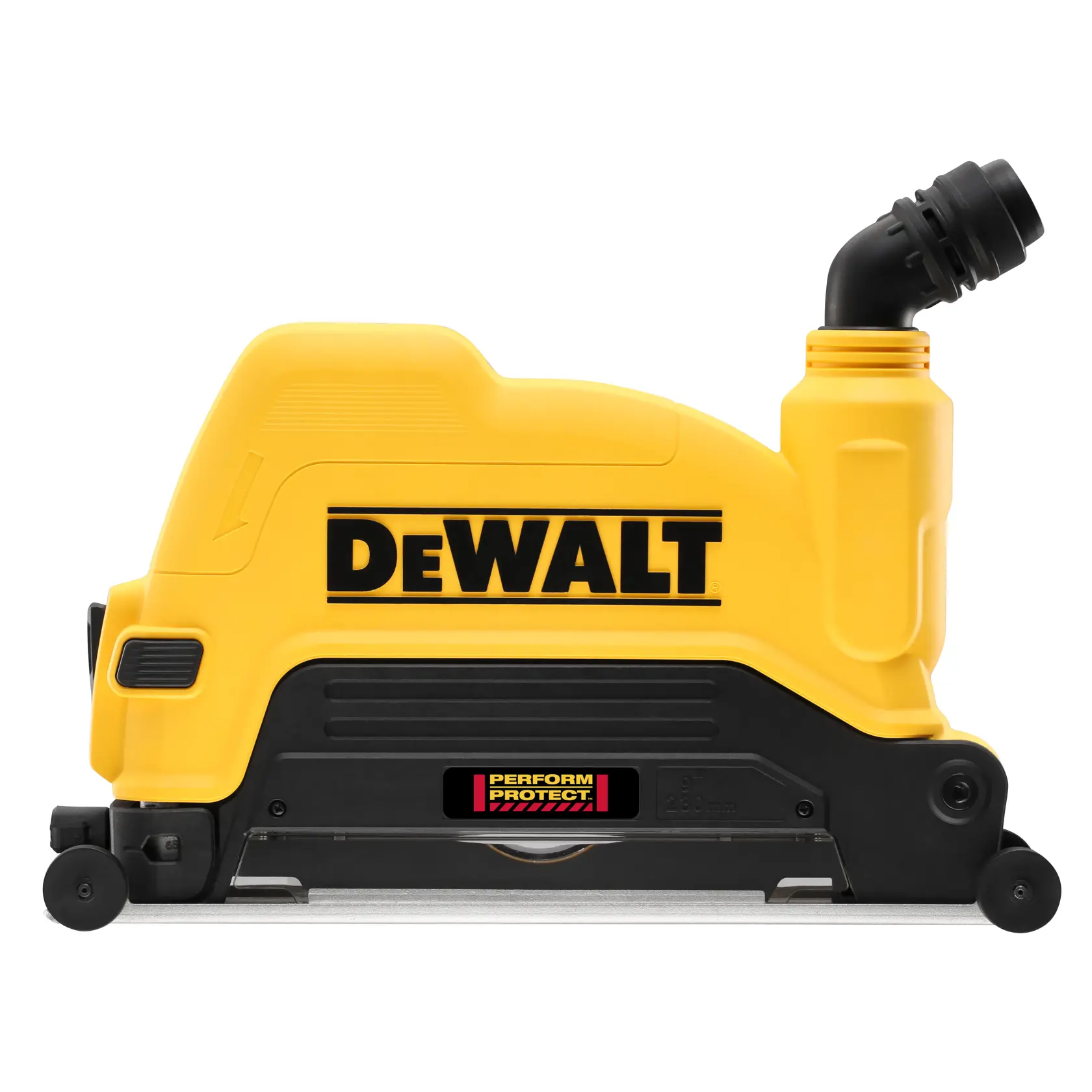 DEWALT gelbes Mauernutfräser mit Staubabsaugung und Sicherheitsetikett.