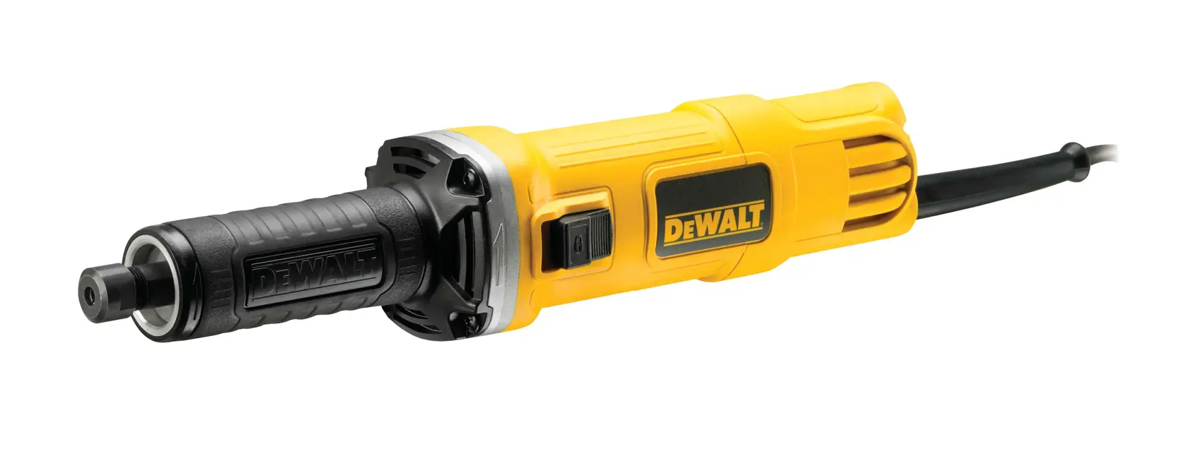 Ein DEWALT DWE4884 elektrischer Stabschleifer mit gelbem und schwarzem Gehäuse und Netzkabel, geeignet für präzise Schleif- und Polierarbeiten.
