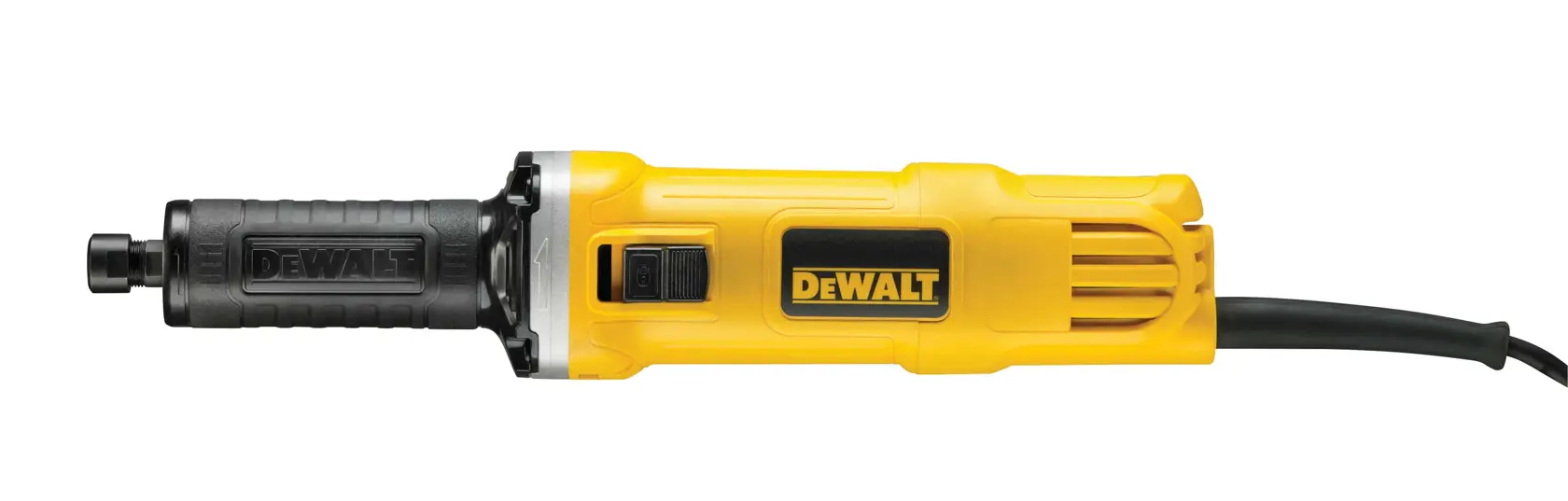 Ein DEWALT DWE4884 elektrischer Stabschleifer mit gelbem und schwarzem Gehäuse und Netzkabel, abgebildet auf weißem Hintergrund.