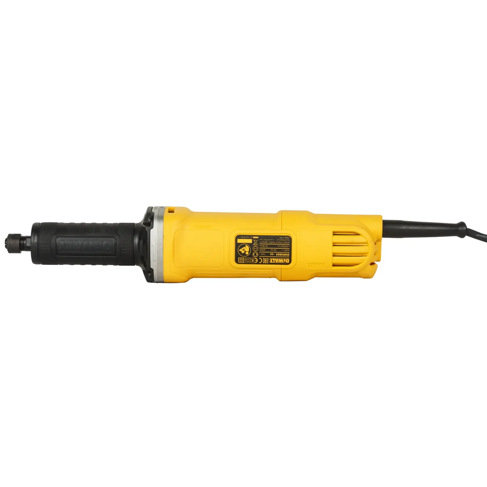 Gelber DEWALT Elektroschleifer mit schwarzem Griff und Kabel, auf weißem Hintergrund gezeigt.
