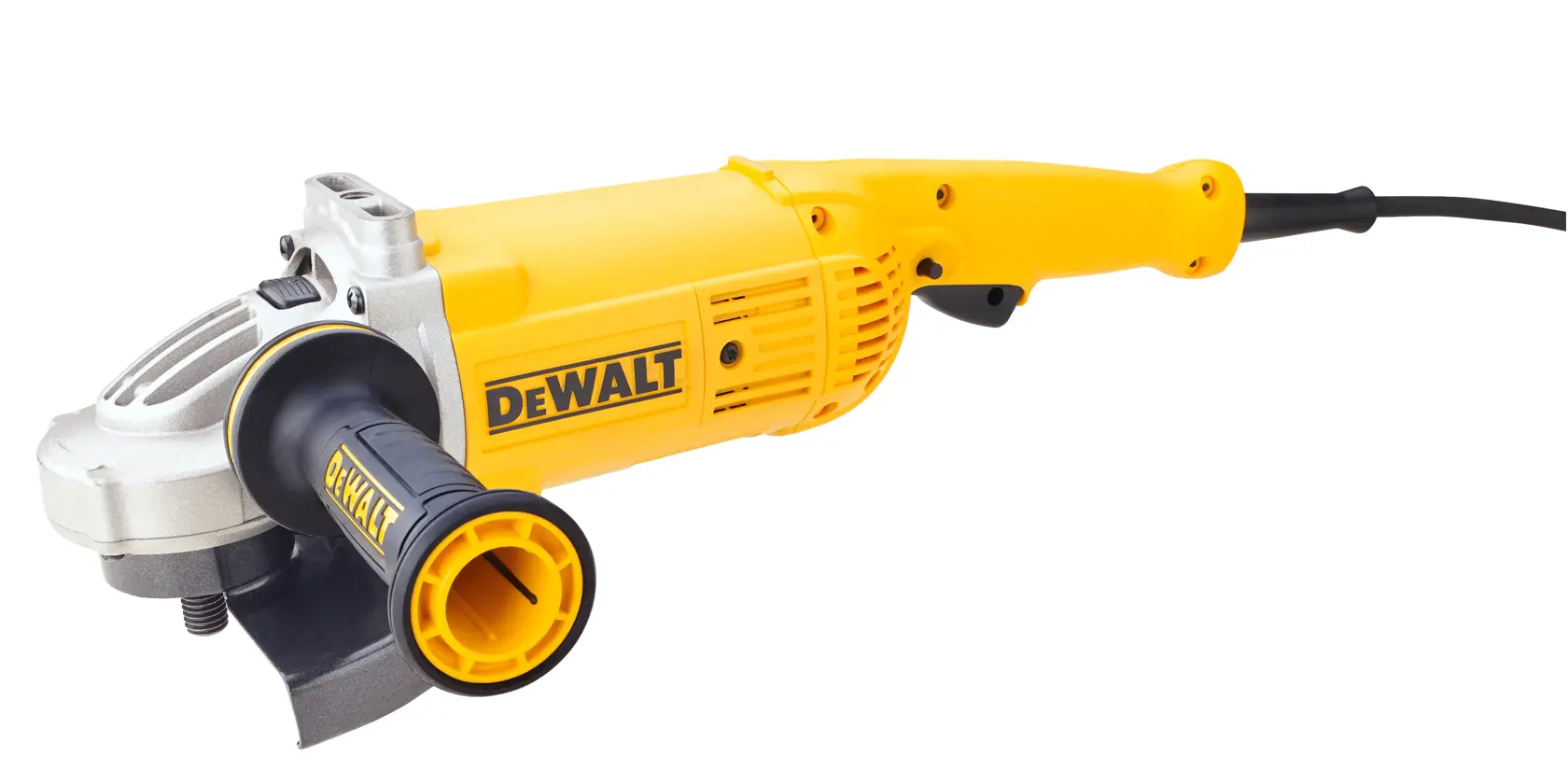 Ein gelber und schwarzer DEWALT-Winkelschleifer mit Seitenhandgriff, Stromkabel und Metall-Getriebegehäuse, dargestellt vor weißem Hintergrund.