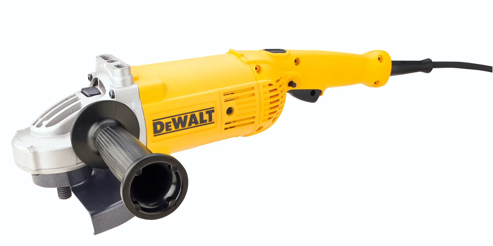 Eine gelb-schwarze DEWALT Elektro-Winkelschleifer mit Seitenhandgriff und Netzkabel, Modell DWE496.