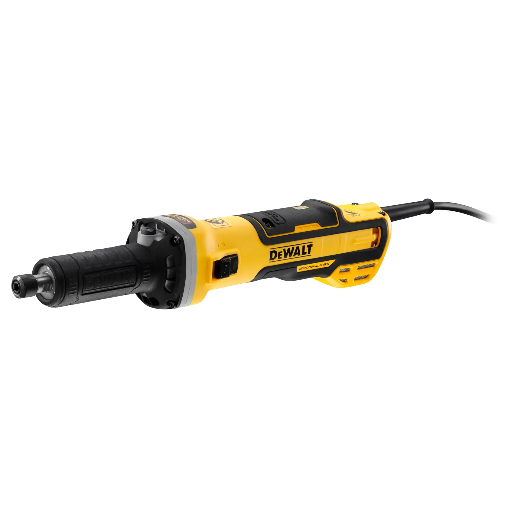 Ein elektrischer DEWALT DWE4997 Geradschleifer mit gelb-schwarzem Gehäuse, isoliert auf weißem Hintergrund dargestellt.