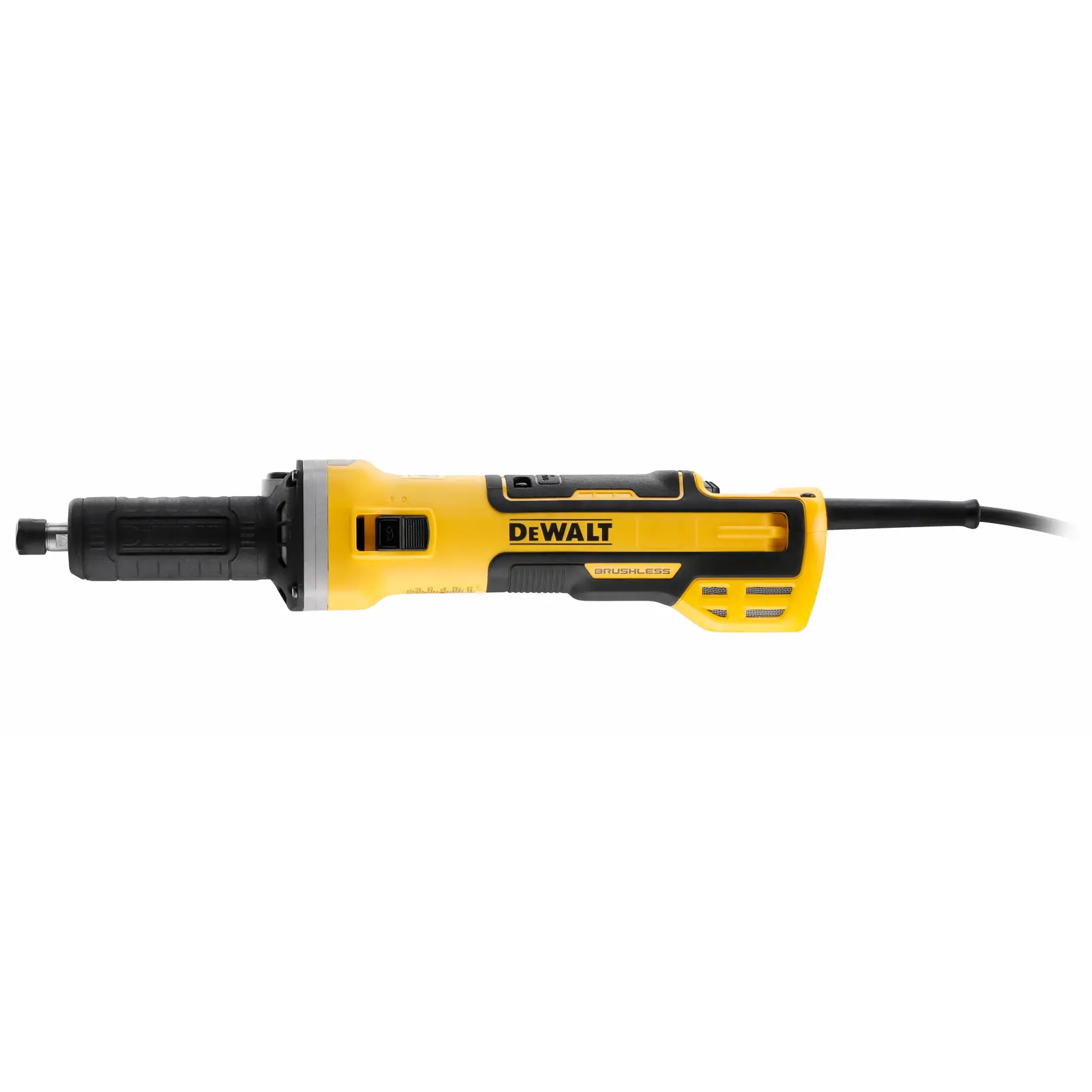 Ein gelber und schwarzer elektrischer gerader Schleifer von DEWALT mit bürstenlosem Motor und Netzkabel, isoliert auf weißem Hintergrund dargestellt.