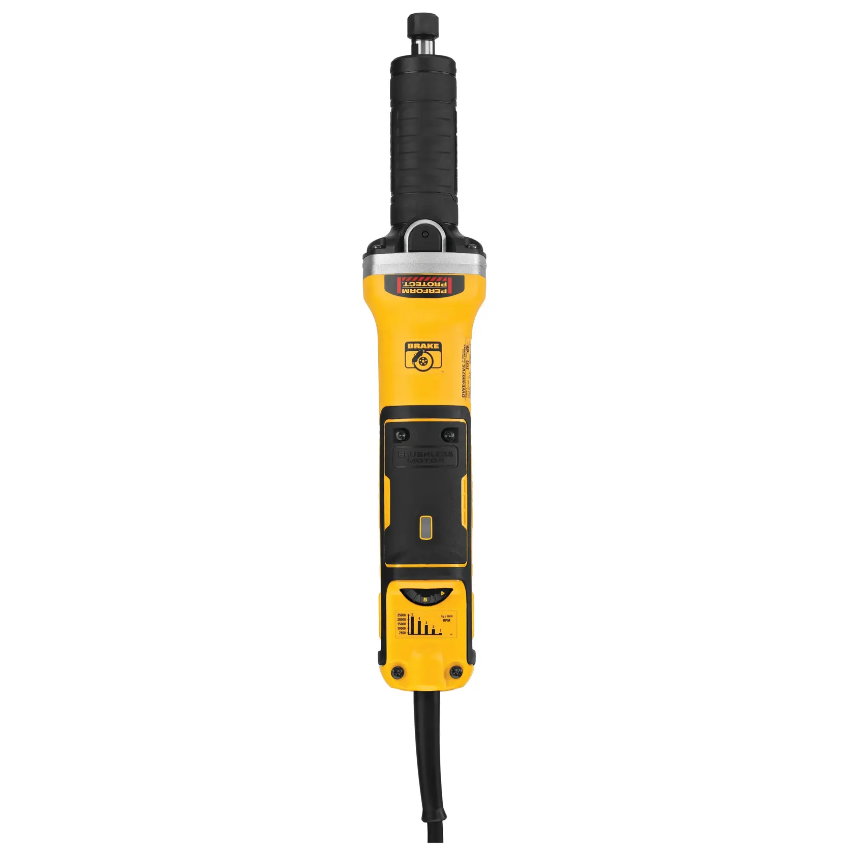 Ein DEWALT Langhals-Elektro-Stabschleifer mit gelbem und schwarzem Gehäuse, gummiertem Griff und Kabeldesign, Modell DWE4997, vertikal vor weißem Hintergrund fotografiert.