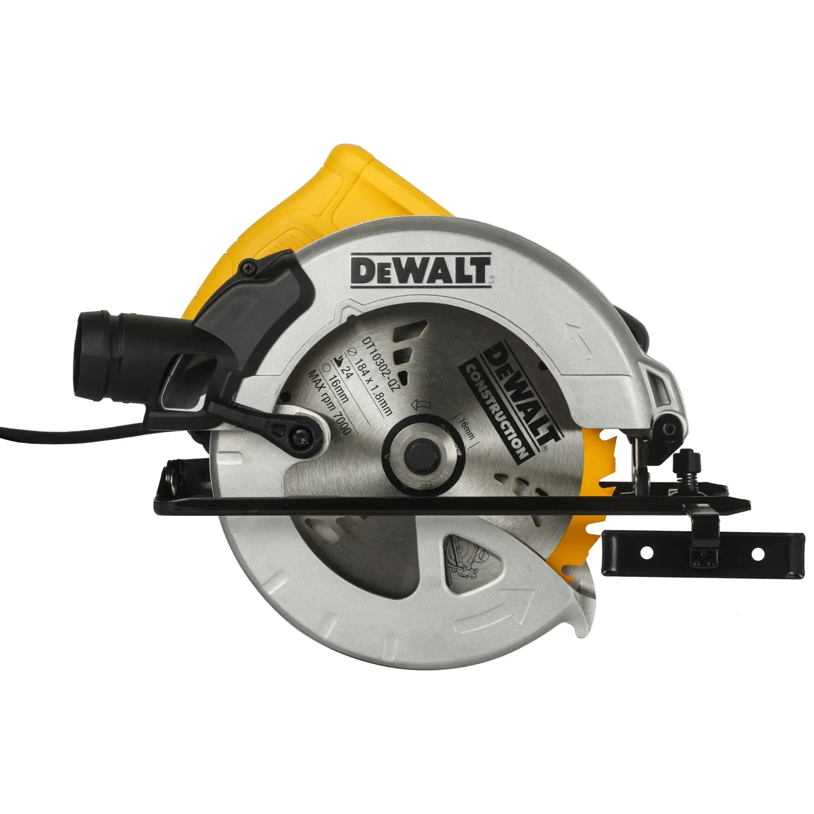 Sierra circular DEWALT para fotografía, SKUs DT10302-QZ y DT10302 visibles.
