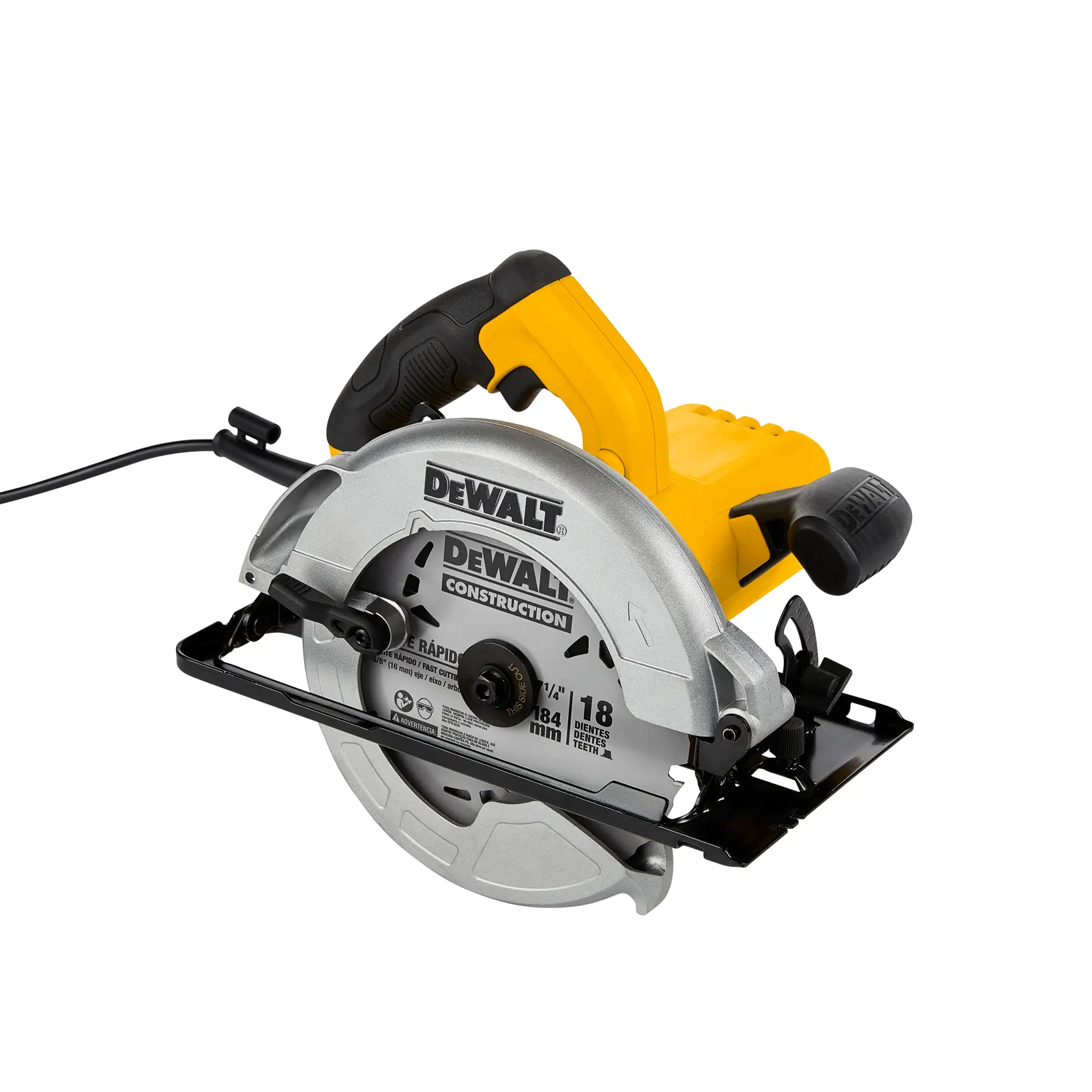 Eine kabelgebundene DEWALT Kreissäge, Modell DWE5615, mit einem gelben und schwarzen Griff sowie einem silbernen Klingenschutz, vor weißem Hintergrund.