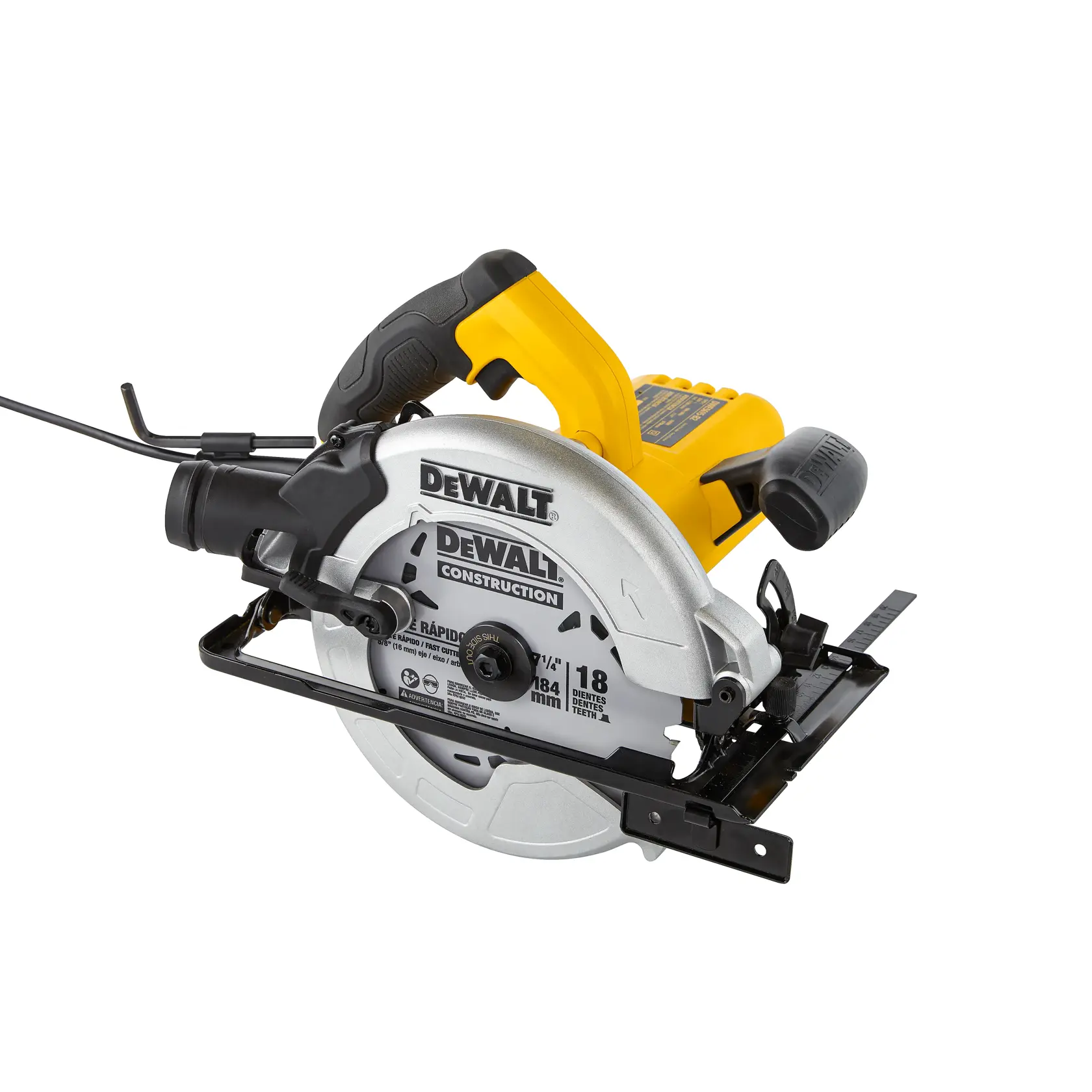 Eine elektrische DEWALT DWE5615 Kreissäge mit gelb-schwarzem Griff, silbernem Klingenschutz und sichtbarem Kreissägeblatt. Die Säge ist für Bau- und Holzarbeiten konzipiert.