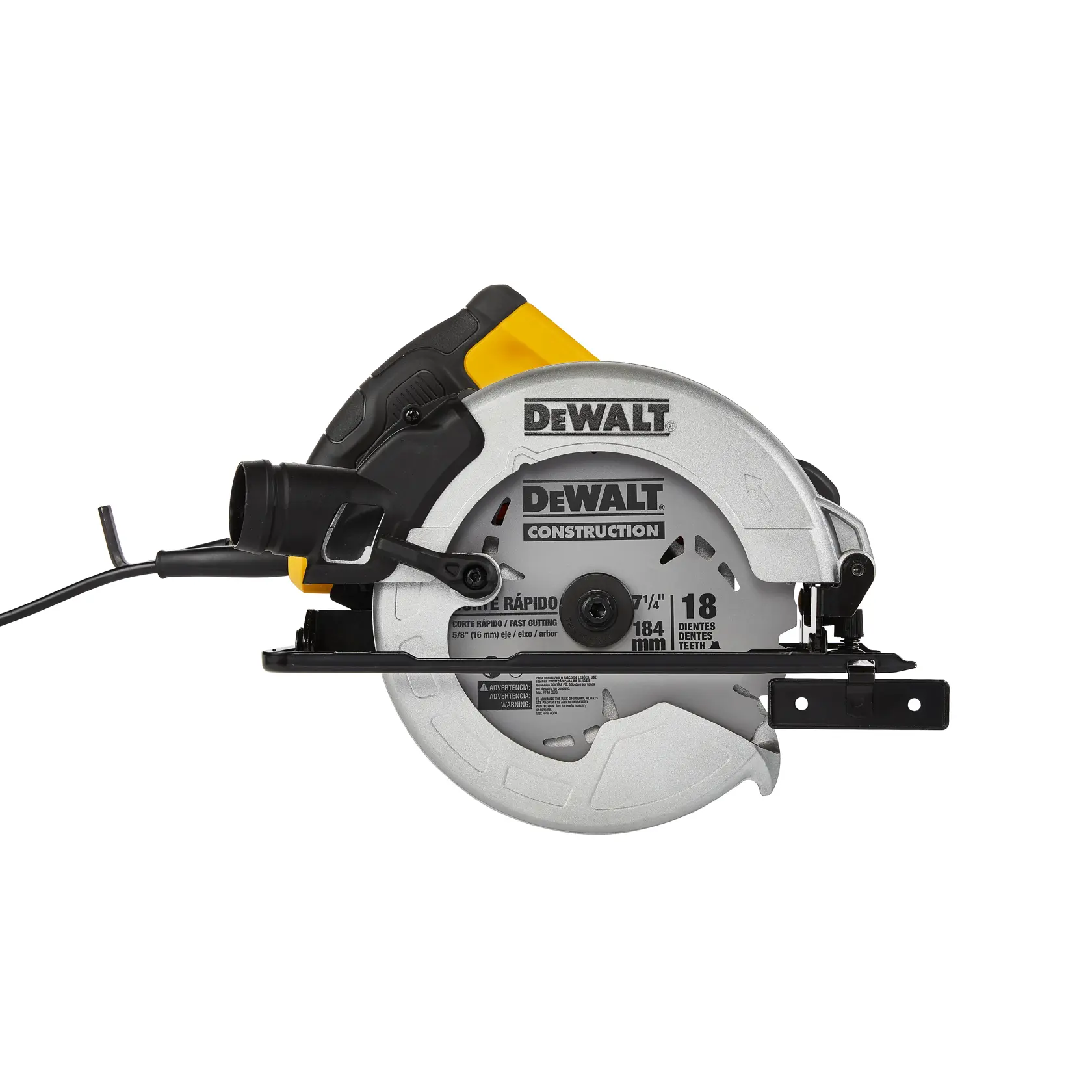 Eine DEWALT-Kreissäge mit silbernem und schwarzem Sägeblattschutz, gelbem und schwarzem Griff sowie Stromkabel.