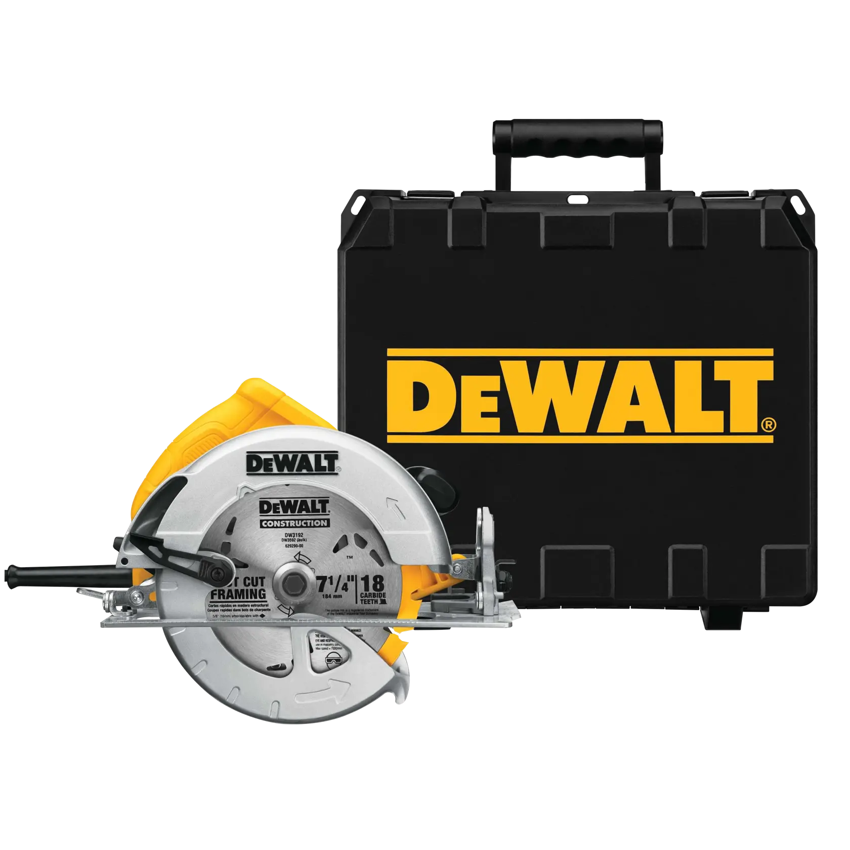DEWALT Kreissäge mit Transportkoffer, beide mit DEWALT Logo auf weißem Hintergrund.