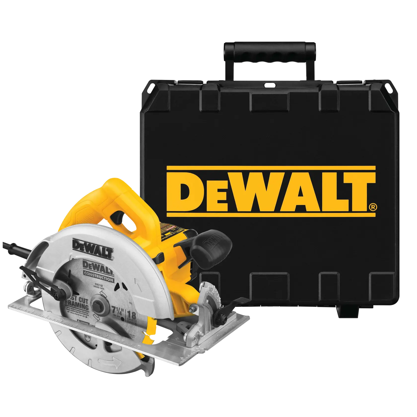 DEWALT Kreissäge mit Transportkoffer. Säge gelb-silber, Koffer schwarz mit DEWALT-Logo.