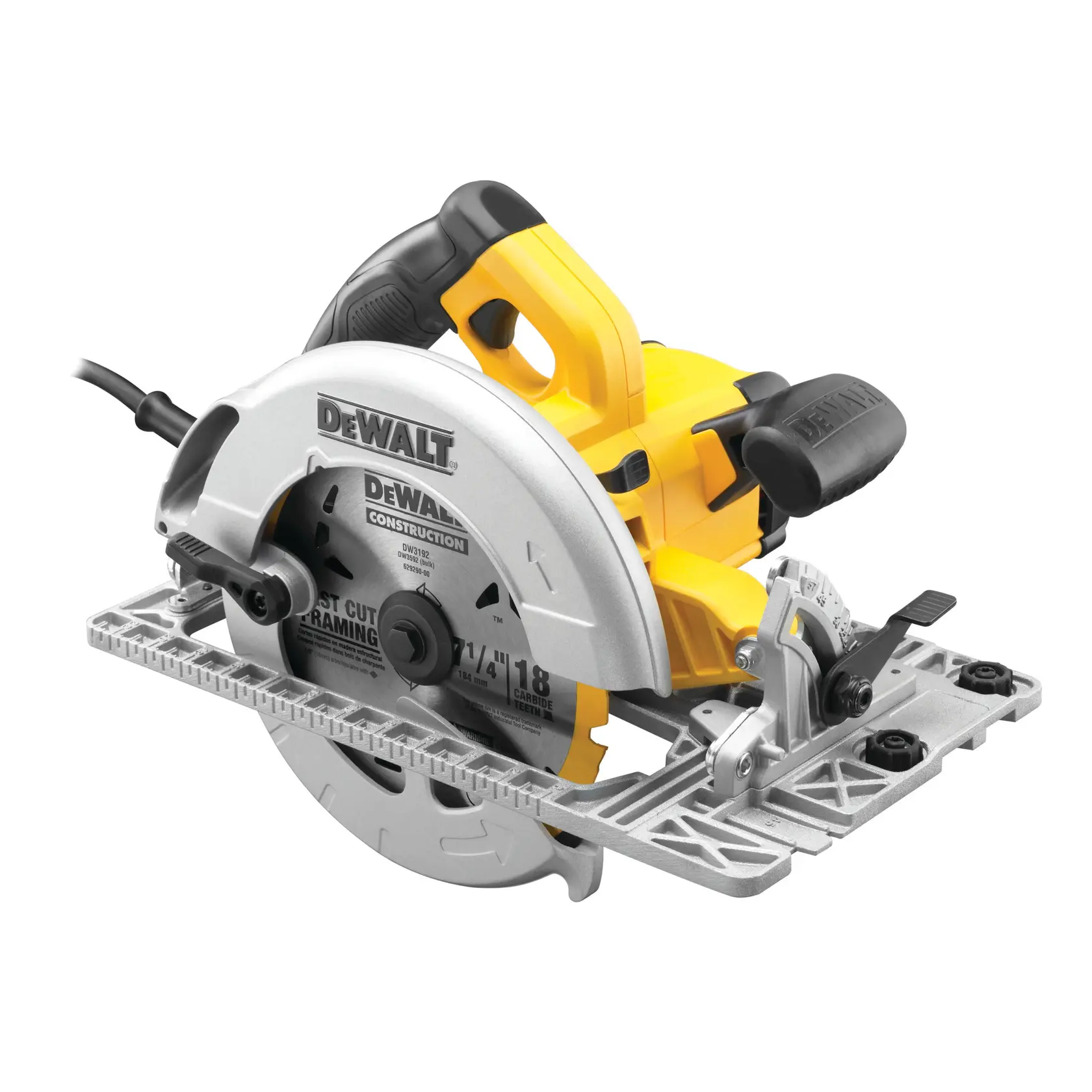 DEWALT kabelgebundene Kreissäge mit gelb-schwarzem Griff, Metall-Blattschutz und Basis, Seitenansicht.