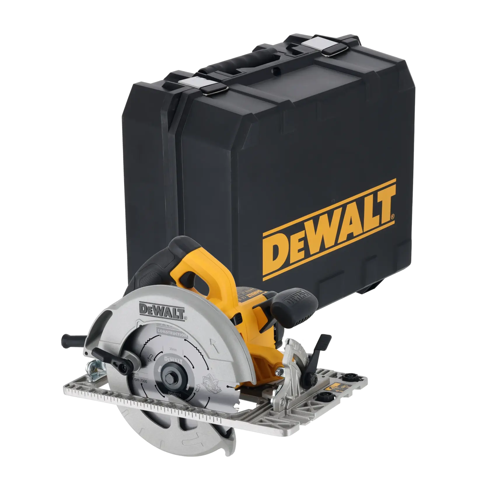 DEWALT Kreissäge mit stabilem, schwarzem Transportkoffer, beide gebrandet für Bau oder Holzarbeiten.