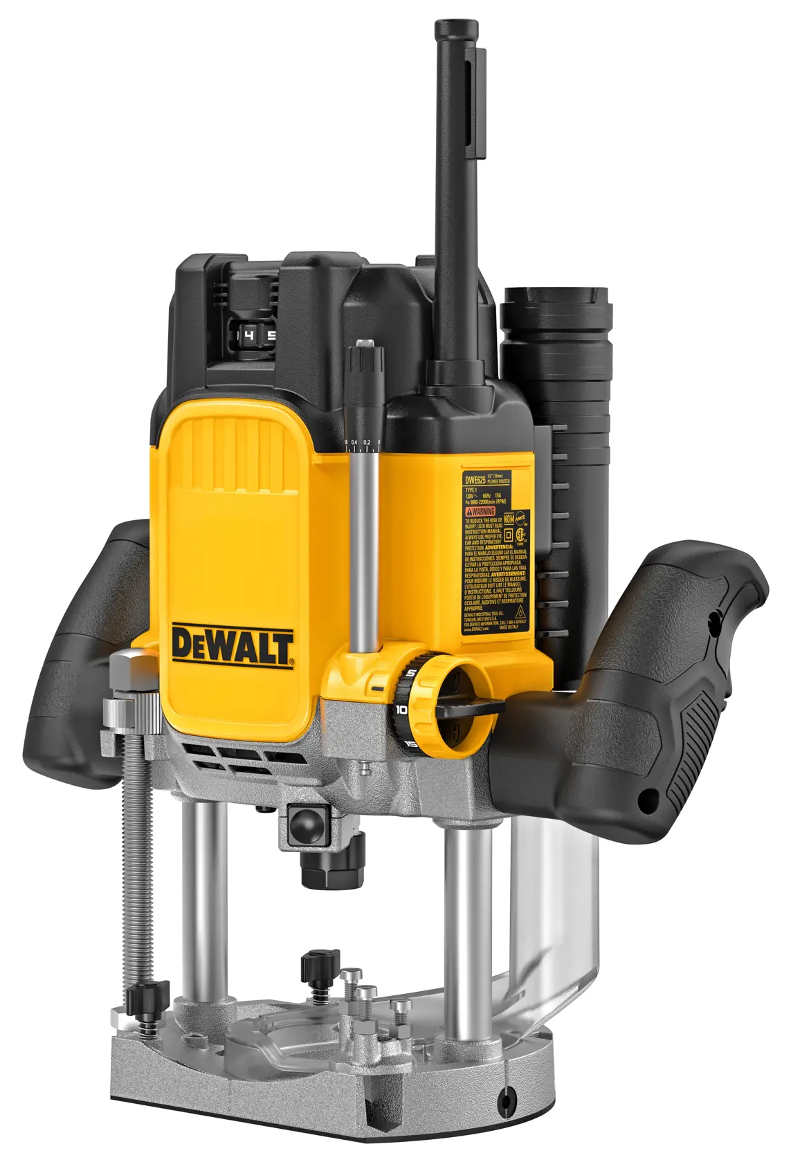 DEWALT Fräse für Fotografie, Modelle DWE625-QS, DWE625. Gelbes Gehäuse, schwarze Griffe.