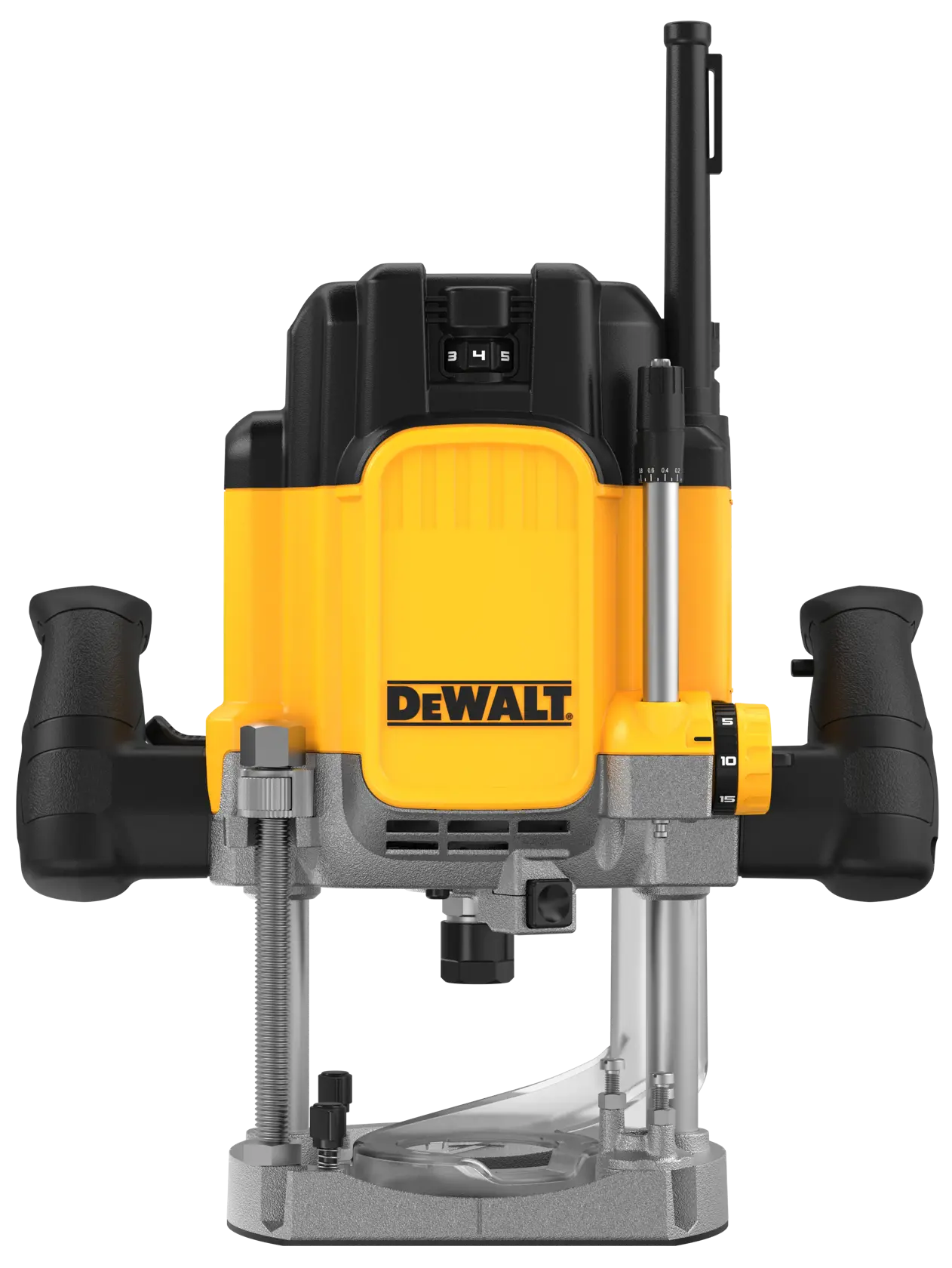 DEWALT DWE625-QS, DWE625 Fotografie-Werkzeug. Gelb-schwarzes Handgerät, Frontalansicht.