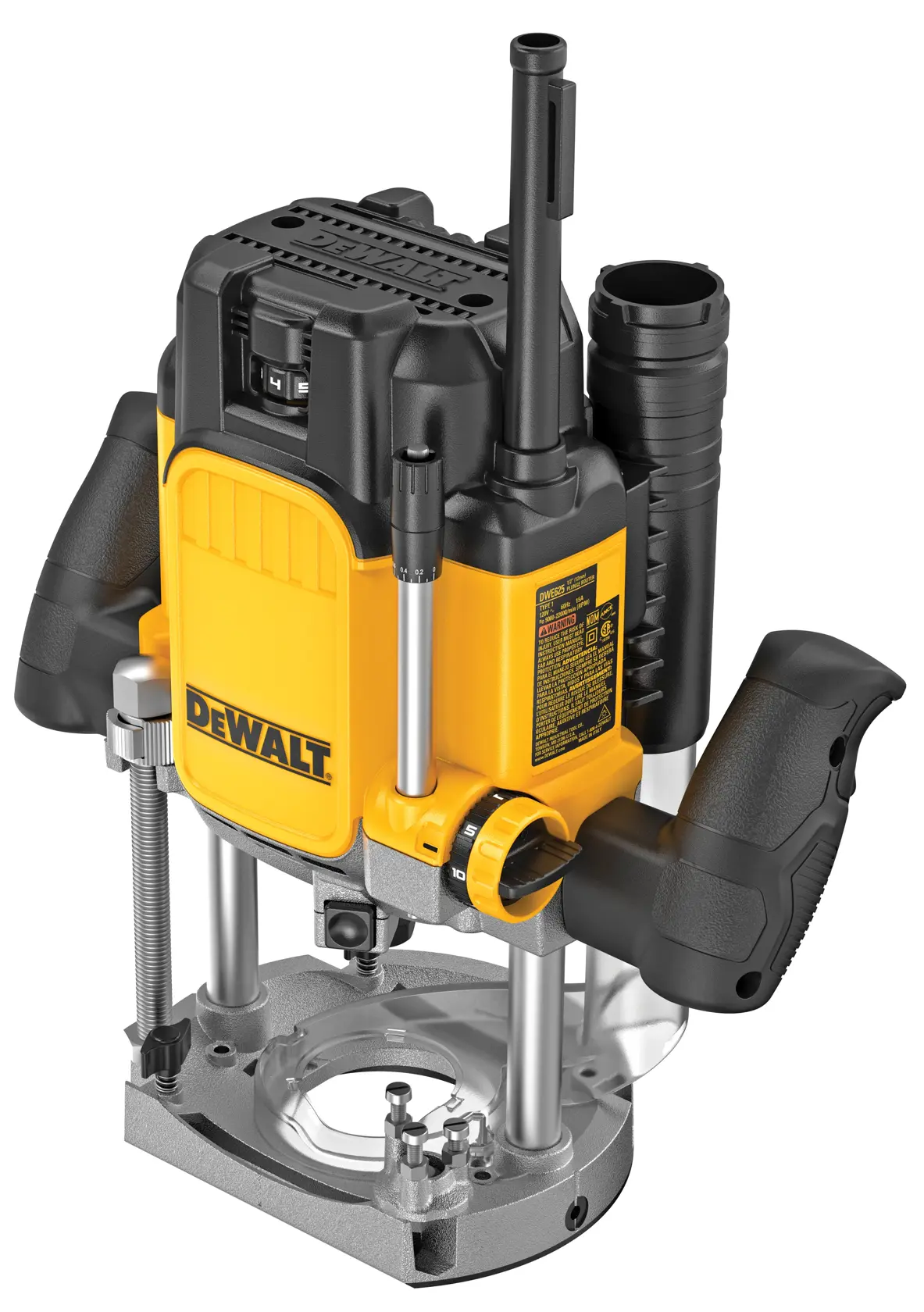 DEWALT-Fotografiefräse, Modelle DWE625-QS und DWE625. Gelb, schwarz, Griffe, Metallfuß.