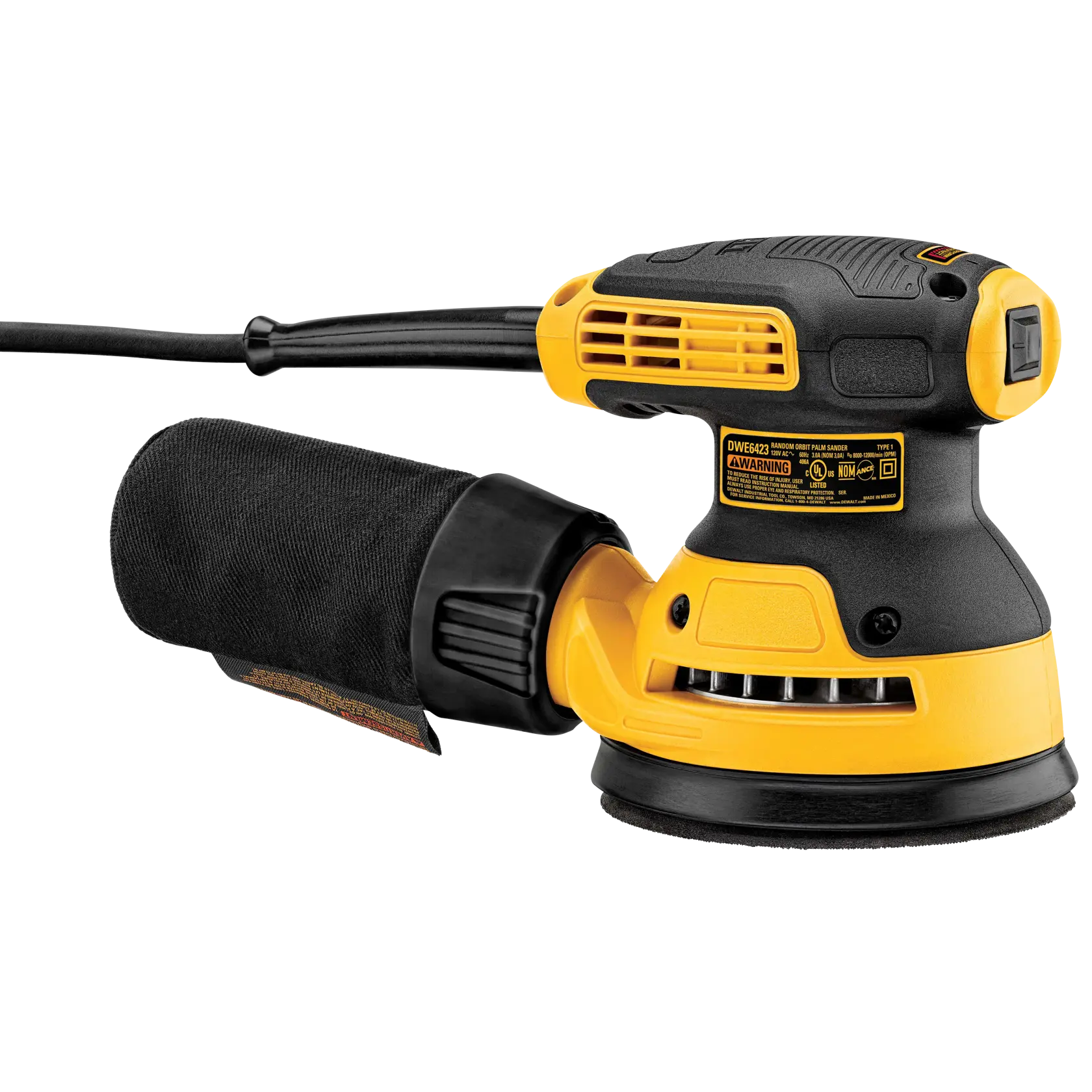 Nahaufnahme eines DEWALT Exzenterschleifers mit schwarzem Schleifteller und Staubbeutel, Modell DWE6423-QS.