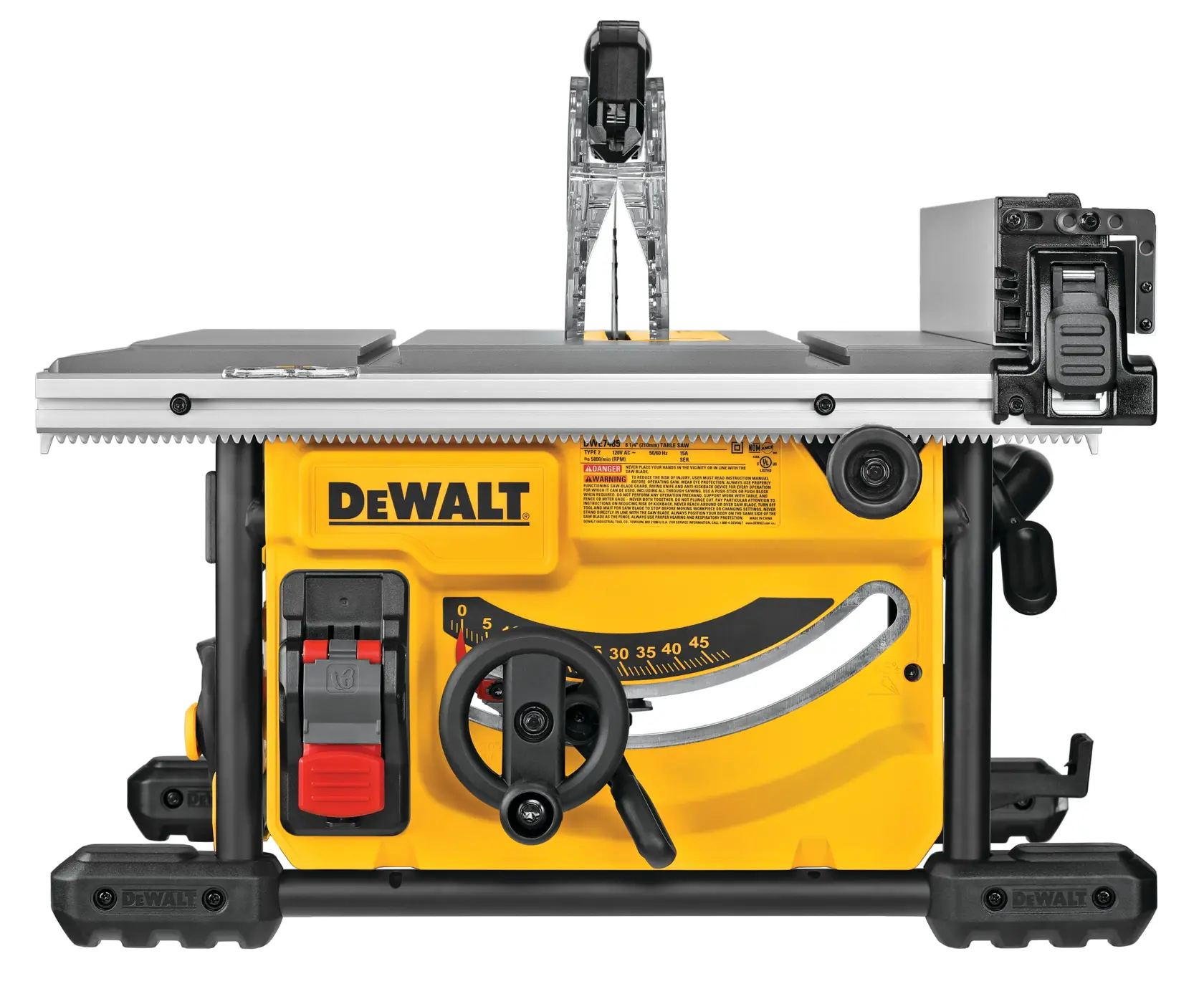 Vorderansicht einer DEWALT Tischkreissäge, Modell DWE7485WS, mit gelbem Sockel, Einstellrädern, Ein/Aus-Schalter und silberner Schnittfläche mit Schutz. Das Markenlogo ist auf der Vorderseite sichtbar.