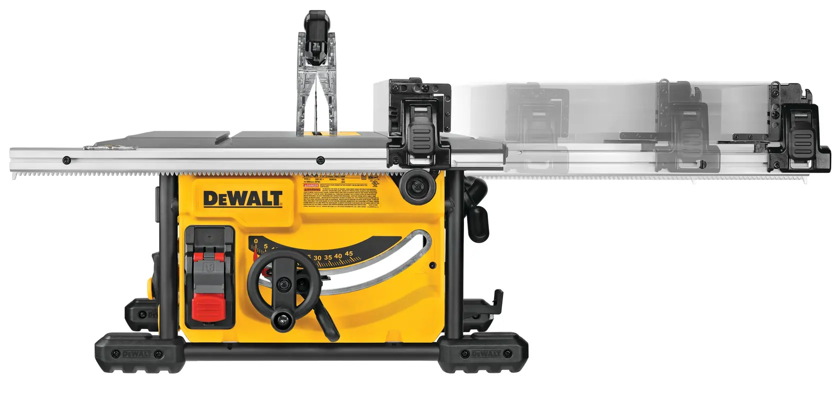 Eine tragbare DEWALT Tischkreissäge mit verstellbarer Führungsschiene, gelb-schwarzem Gehäuse und sichtbarem Sägeblattschutz, von vorne auf weißem Hintergrund gezeigt.