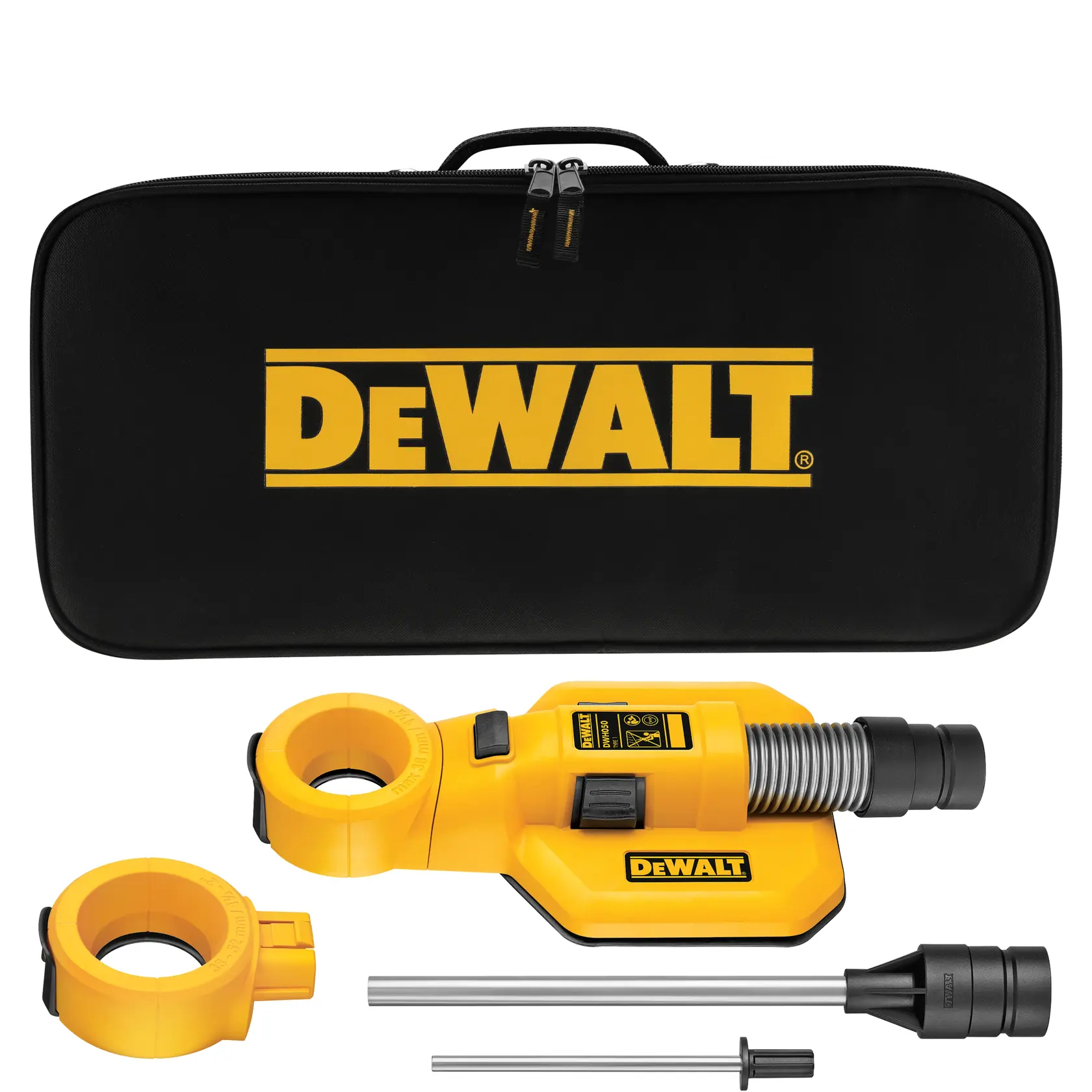 DEWALT-Staubabsaugungsset bestehend aus einer schwarzen Tragetasche mit gelbem DEWALT-Logo, einem gelben Staubsammelaufsatz, zusätzlichen Ringaufsätzen, Verbindungsstäben und einer Düse.