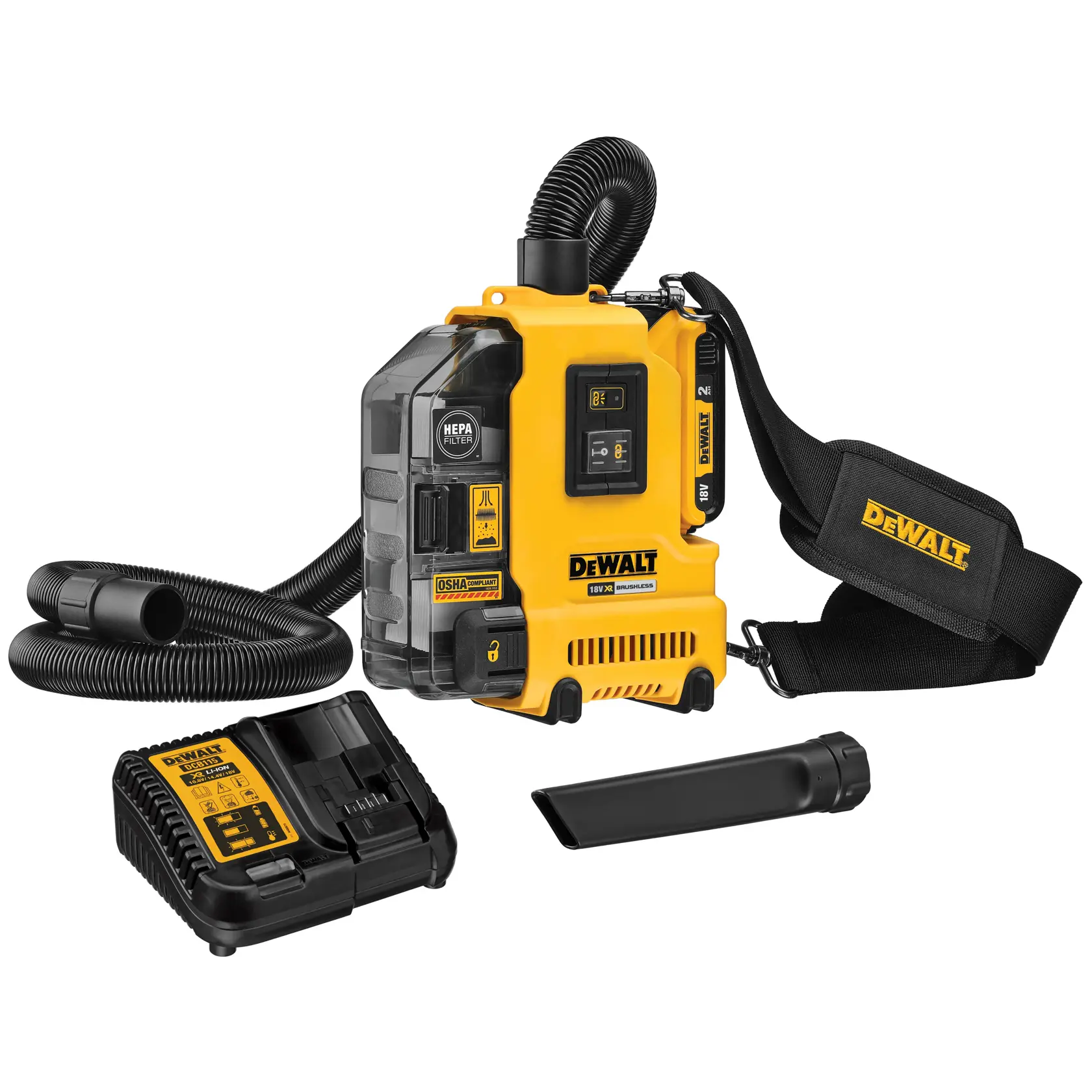 Ein tragbares DEWALT Staubabsauger-Set, bestehend aus einem gelb-schwarzen HEPA-Filterstaubsauger mit Schultergurt, flexiblem Schlauch, Ladegerät und Düsenaufsatz.