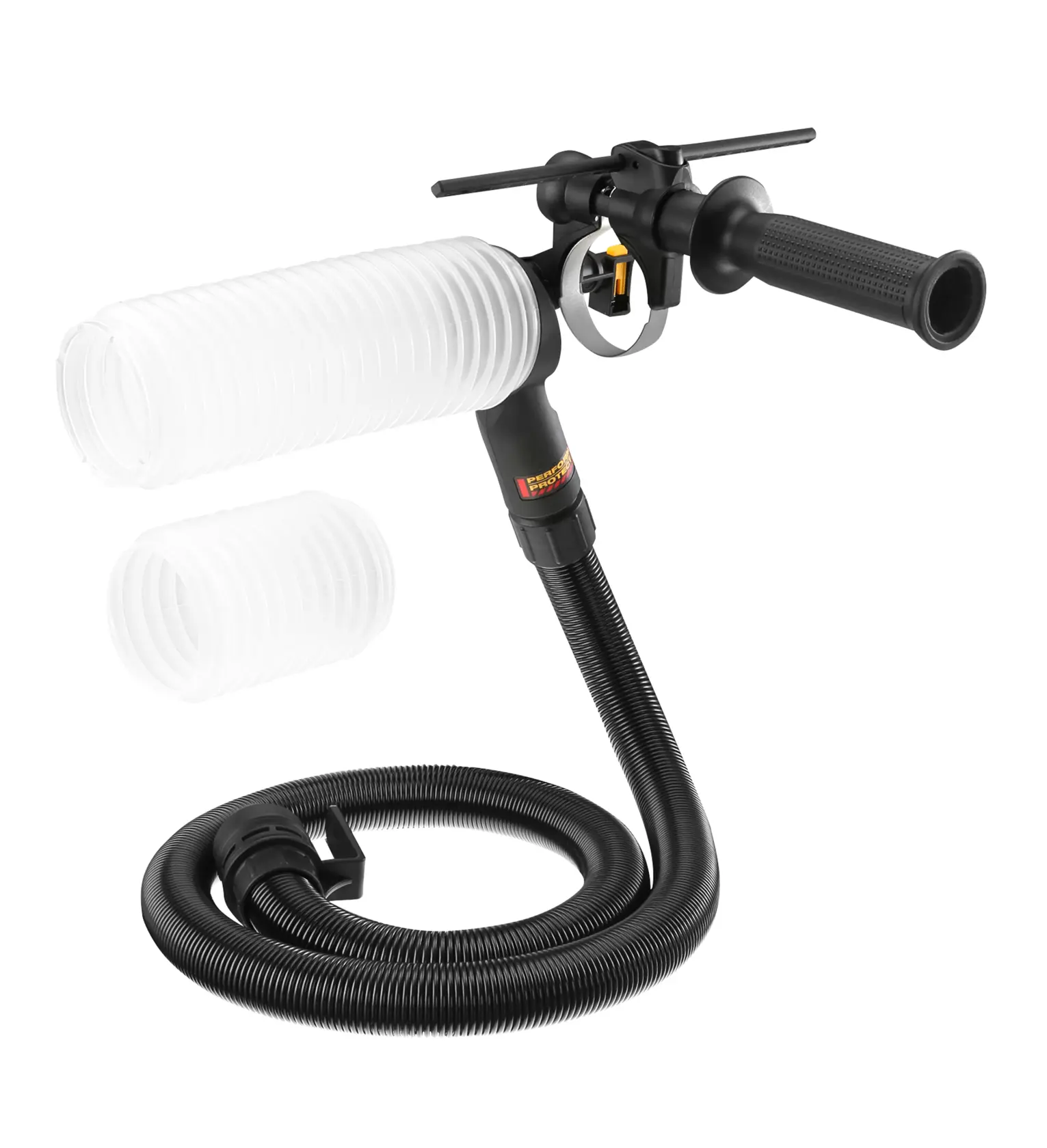 DEWALT Staubabsaugung mit flexiblem Schlauch und Griff, für Elektrowerkzeuge geeignet.