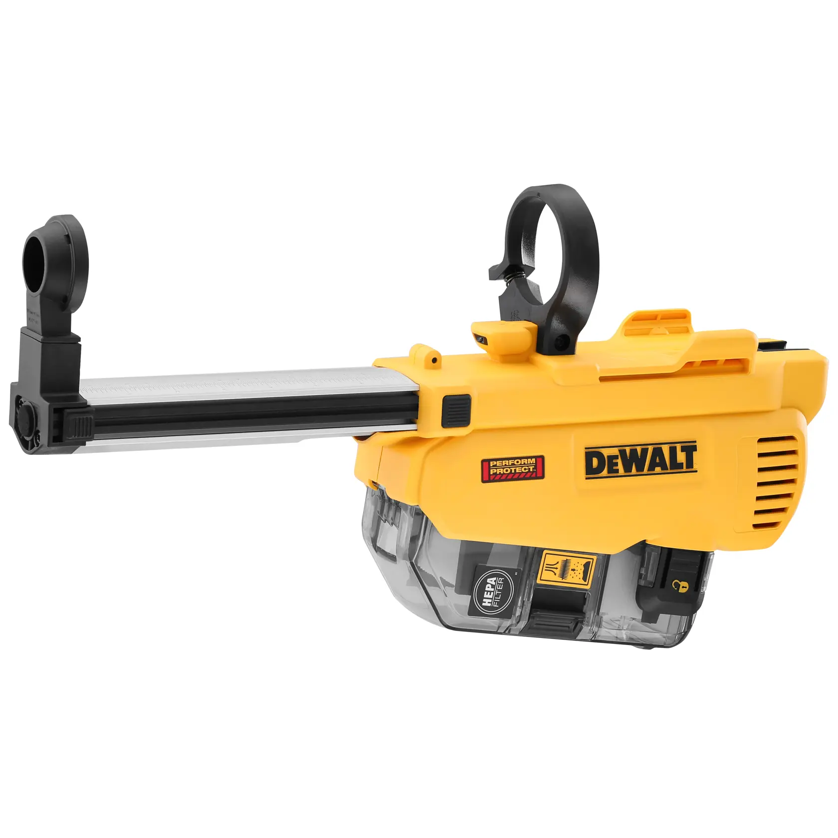 Gelber DEWALT Staubabsauger für Bohrer, Kunststoffgehäuse mit klarer Kammer und Klemmen.