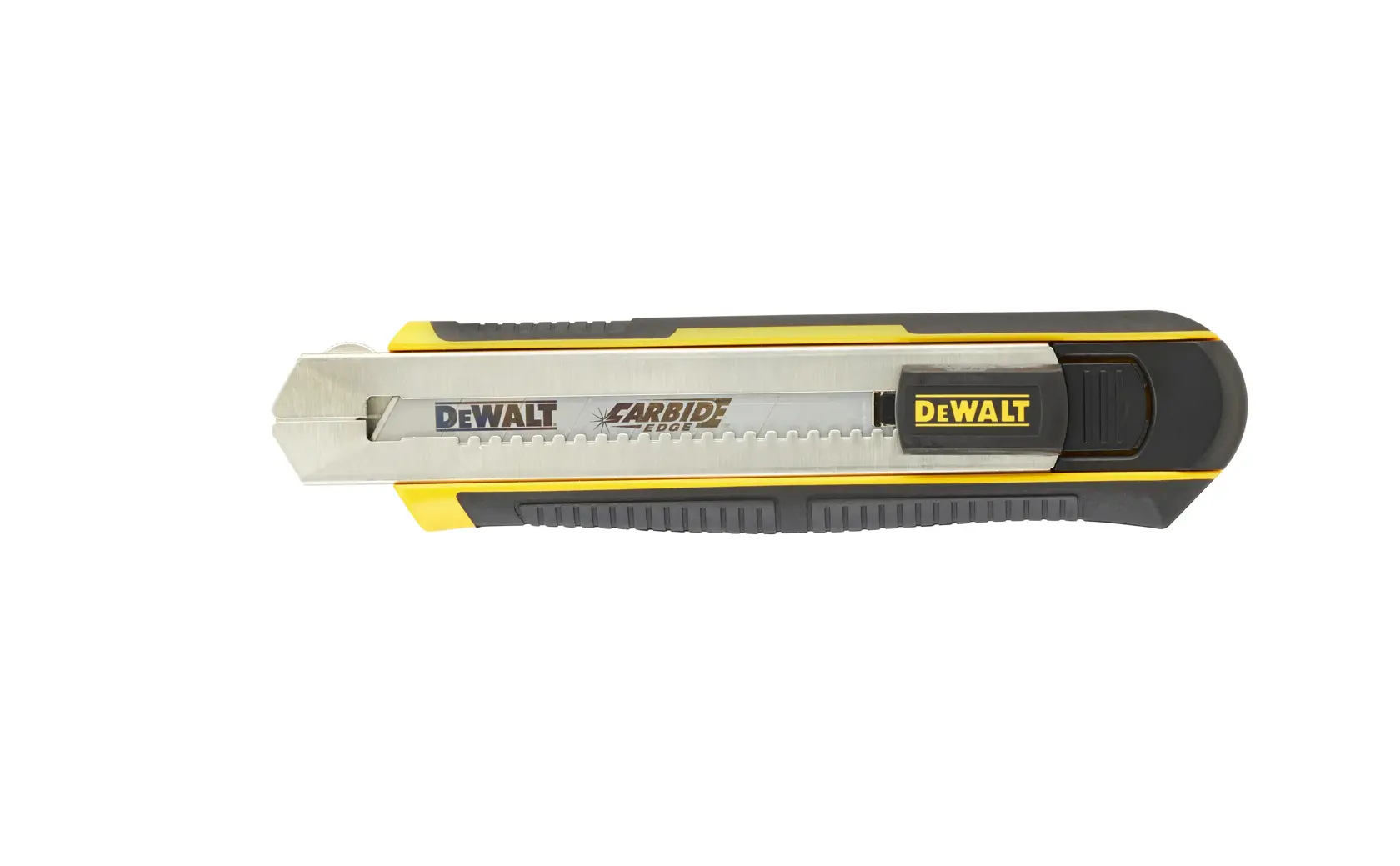 Ein DEWALT Universalmesser mit einer einziehbaren Hartmetallklinge und einem schwarz-gelben Griff.